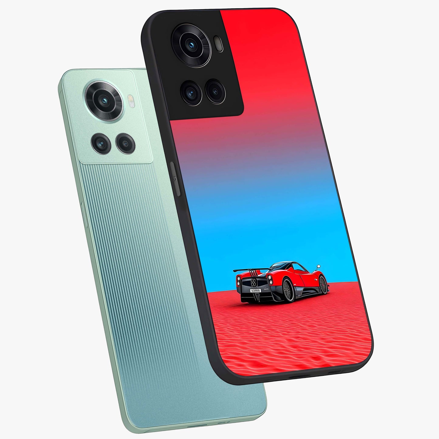 Crimson Speed Mirage Glass Case for 1+10R angled mockup showcasing glossy finish and dynamic speed detailing