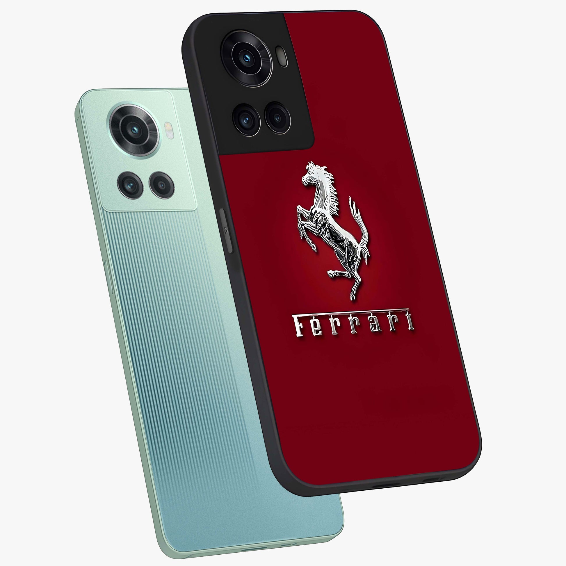 Crimson Stallion Prestige Glass Case for 1+10R angled mockup showcasing glossy finish and bold equestrian detailing