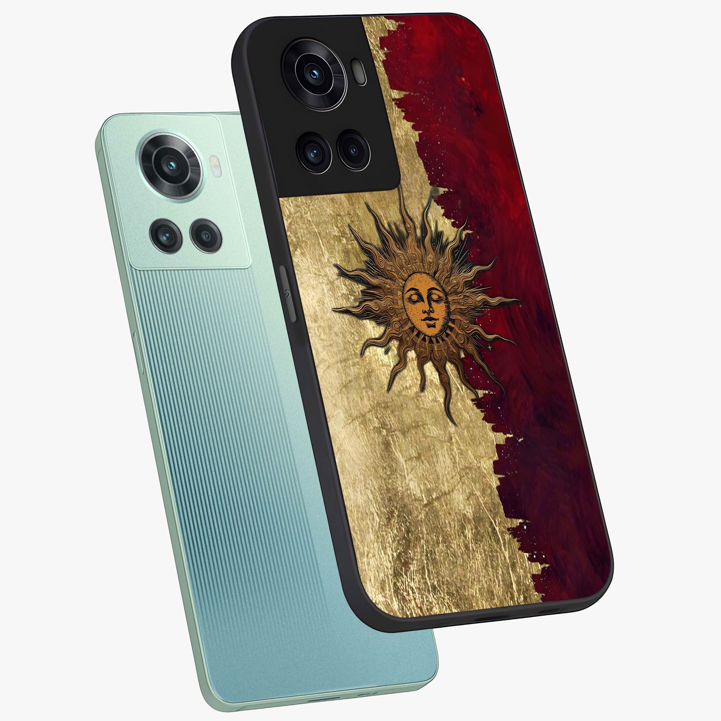 Crimson Sun Majesty Glass Case for 1+10R angled mockup showcasing glossy finish and majestic celestial tones