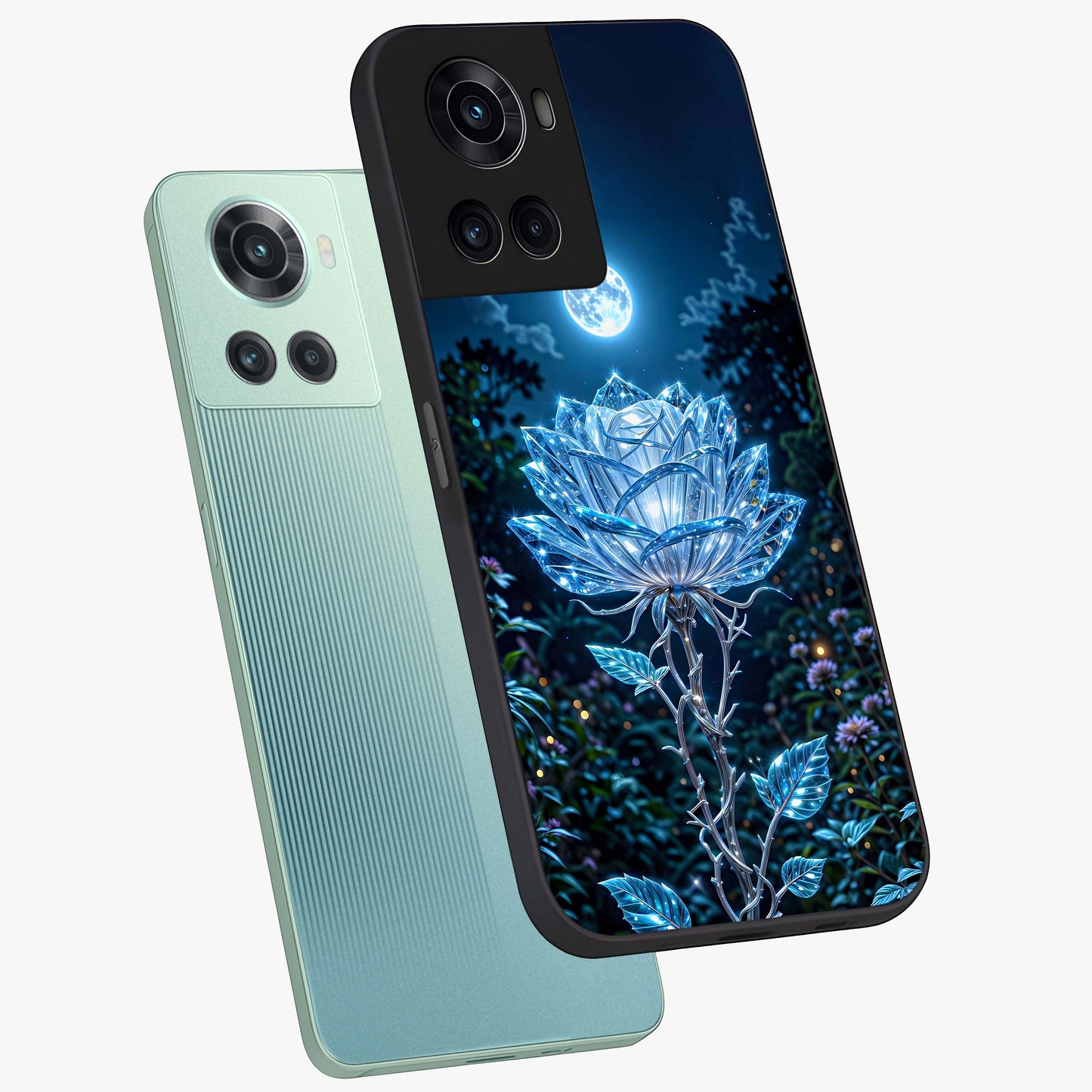 Crystal Moon Lotus Glass Case for 1+10R angled mockup showcasing glossy glass finish and luminous floral detailing