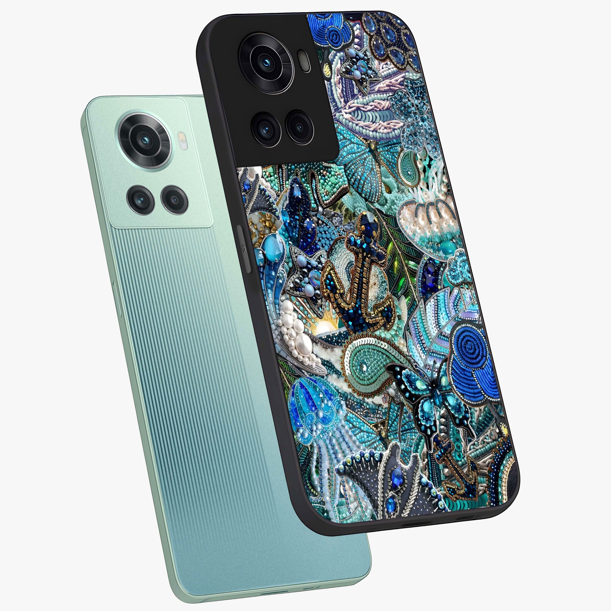 Crystal Ocean Magic Glass Case for 1+10R angled mockup showcasing glossy finish and flowing aqua tones