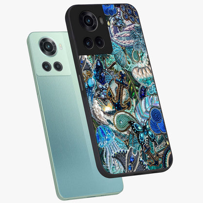 Crystal Ocean Magic Glass Case for 1+10R angled mockup showcasing glossy finish and flowing aqua tones