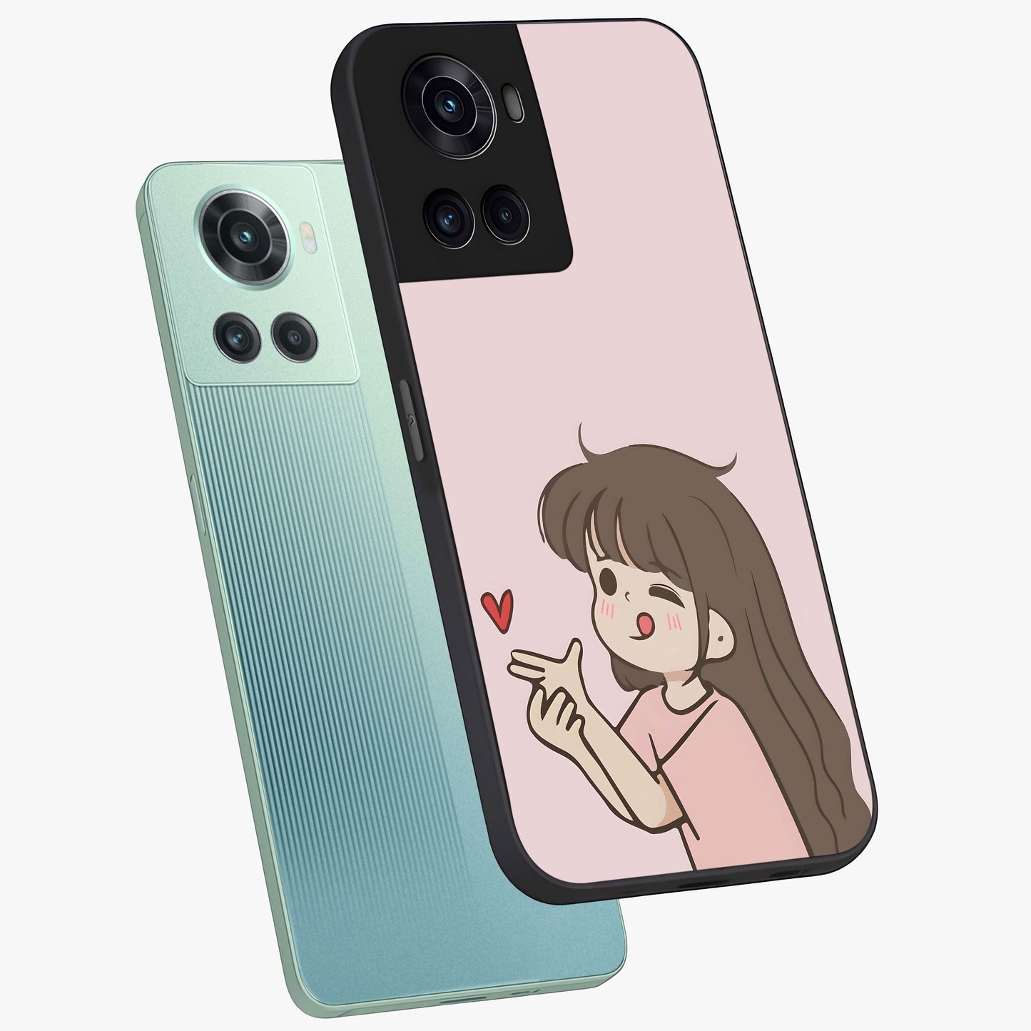 Cute Kiss Heart Glass Case for 1+10R angled mockup showcasing glossy finish and soft pastel tones