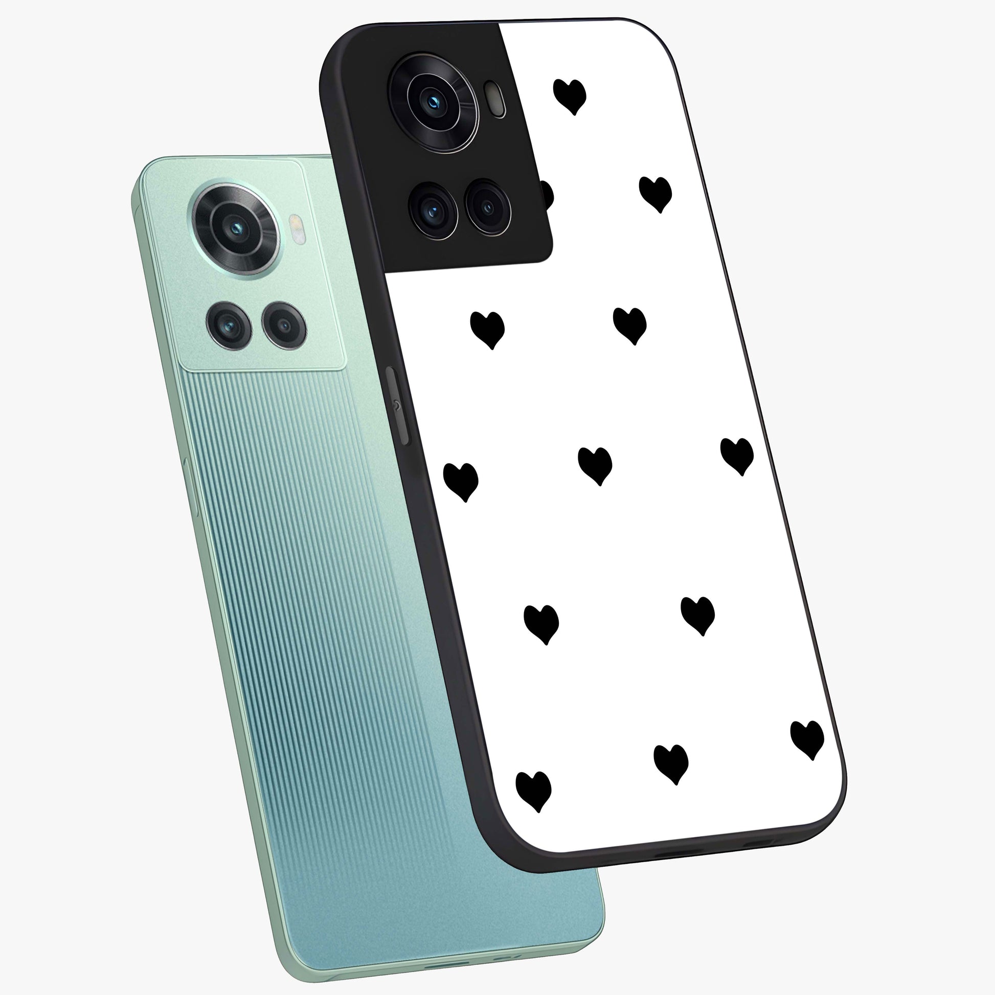 Cute Simple black Hearts Glass Case for 1+10R angled mockup showcasing glossy finish and bold shadow detailing