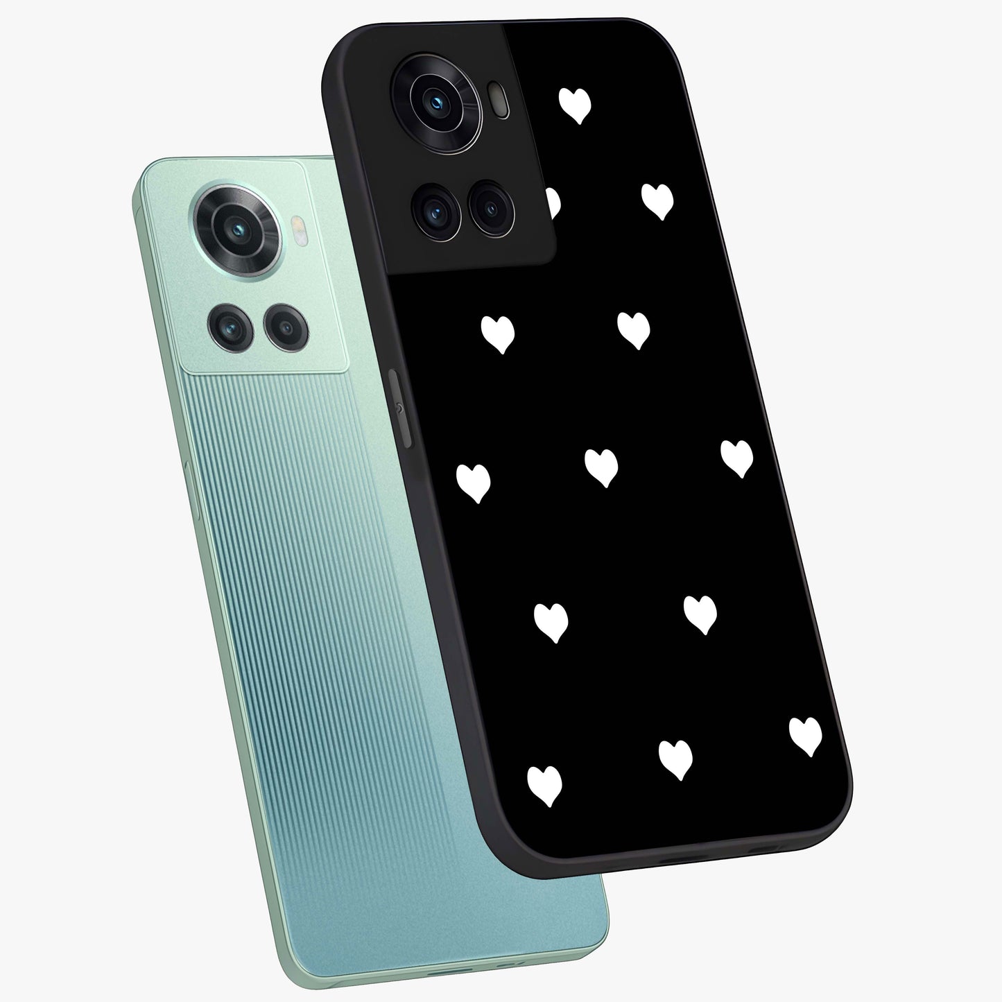 Cute Simple White Hearts Glass Case for 1+10R angled mockup showcasing glossy finish and bold shadow detailing