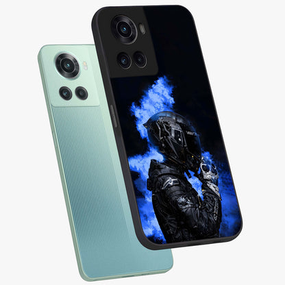Cyber Sentinel Protocol Glass Case for 1+10R angled mockup showcasing glossy finish and high tech neon detailing
