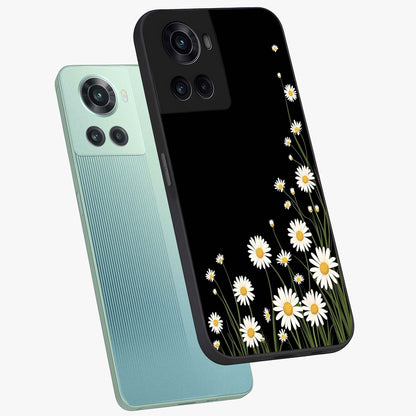 Daisy Cascade on Black Glass Case for 1+10R angled mockup showcasing glossy finish and bold floral contrast