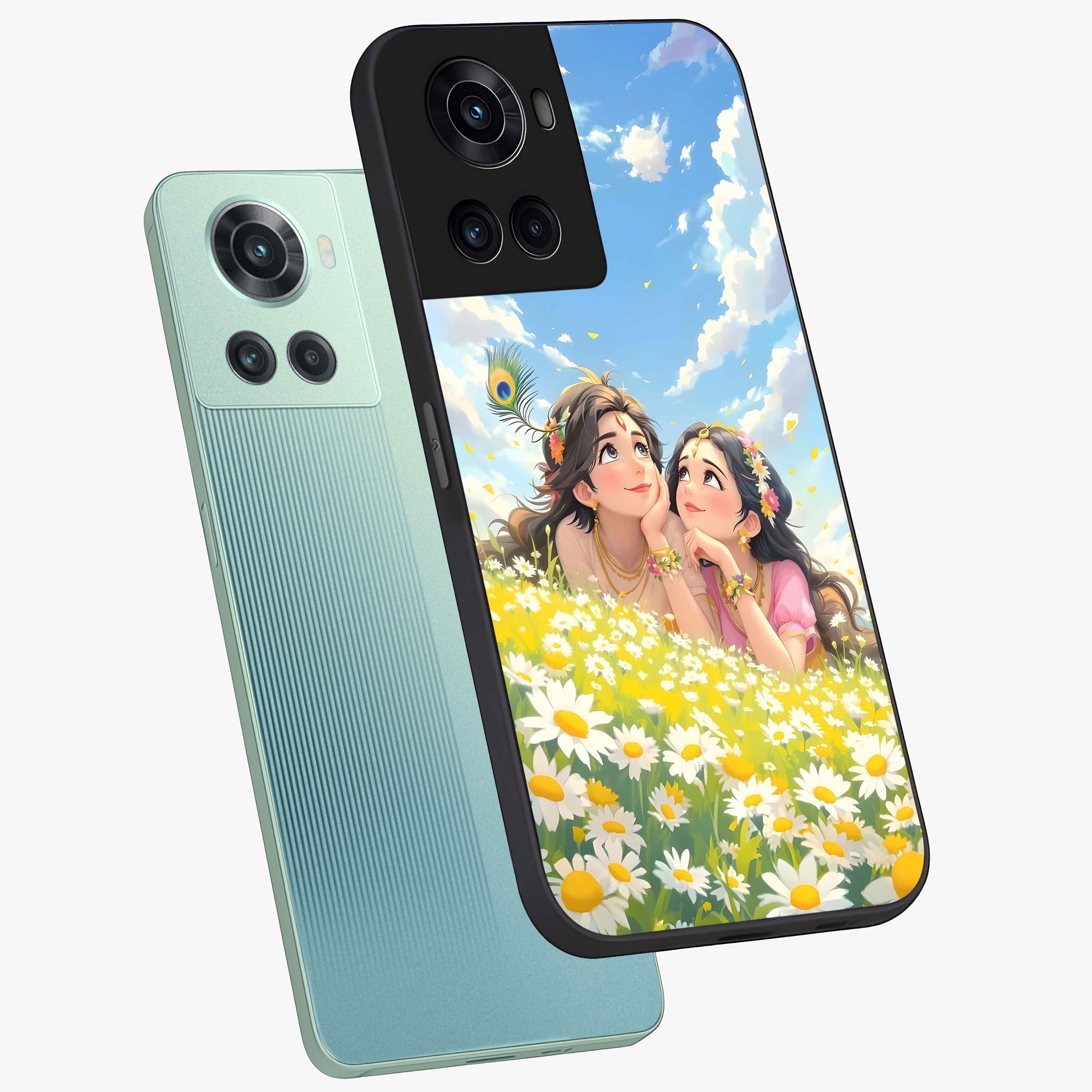 Daisy Daydream Love Glass Case for 1+10R angled mockup showcasing glossy finish and pastel bloom tones