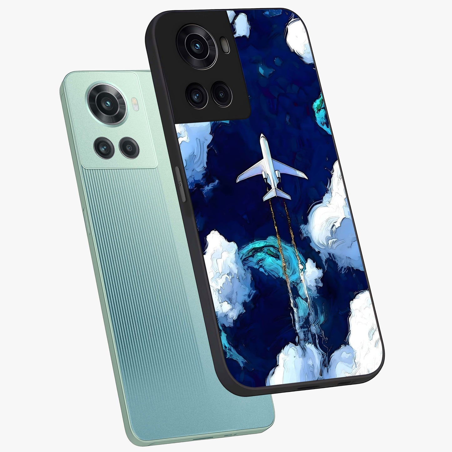Dark Airplane Glass Case for 1+10R angled mockup showcasing glossy finish and dramatic sky tones