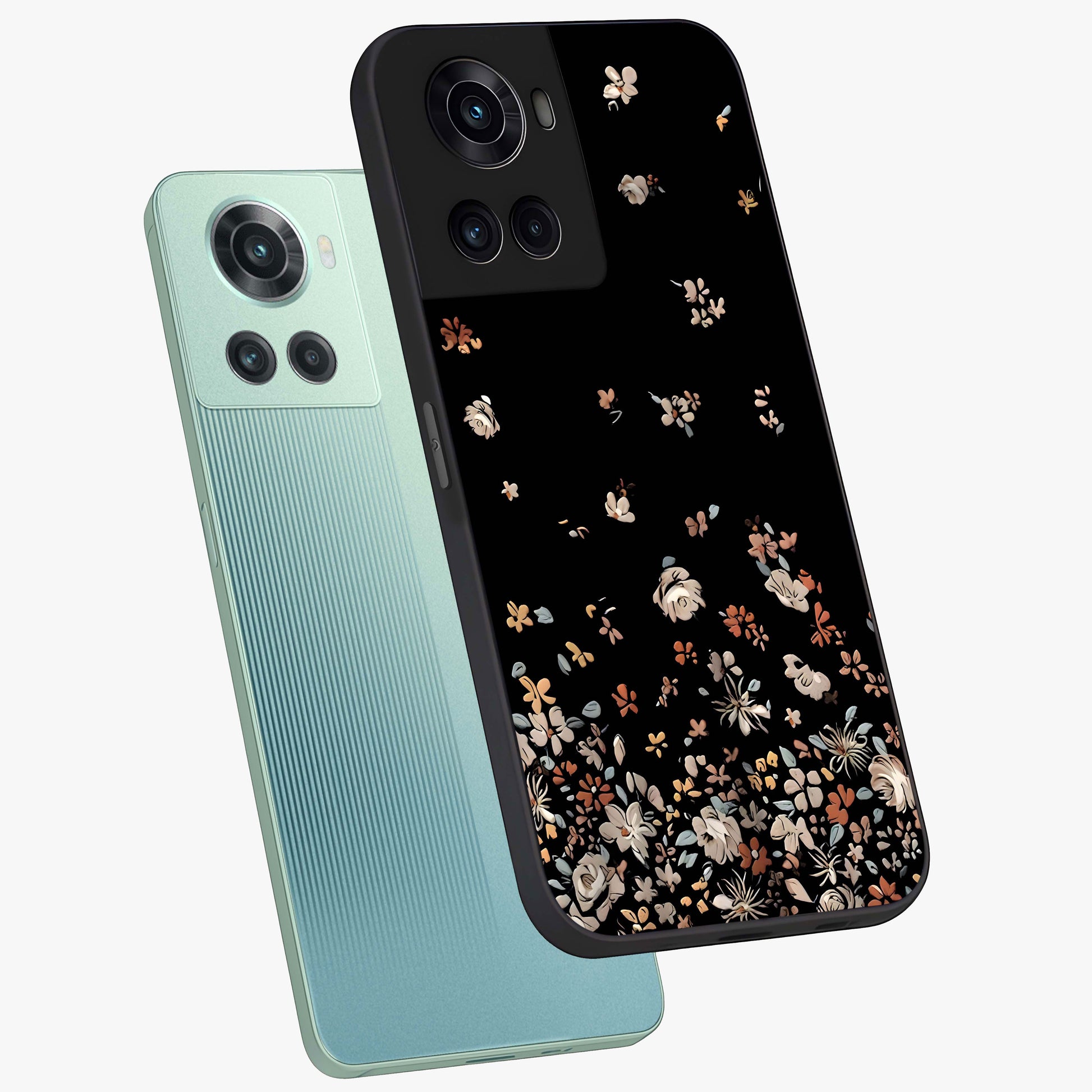 Dark Petal Aesthetic Glass Case for 1+10R angled mockup showcasing glossy finish and dramatic petal detailing