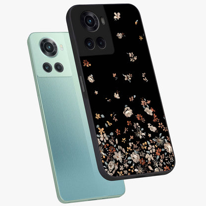 Dark Petal Aesthetic Glass Case for 1+10R angled mockup showcasing glossy finish and dramatic petal detailing