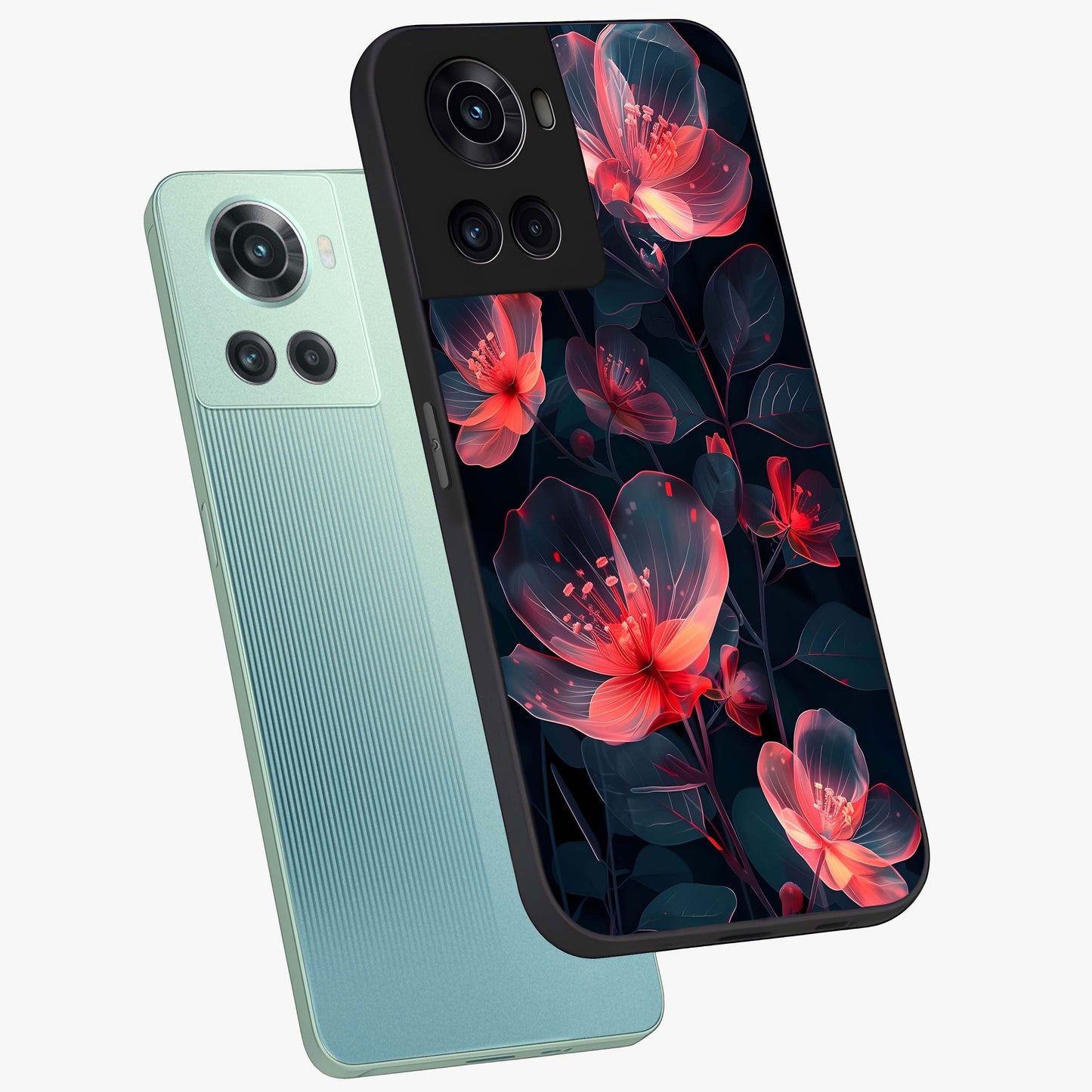 Dark Shade of Flower Glass Case for 1+10R angled mockup showcasing glossy finish and bold contrast detailing