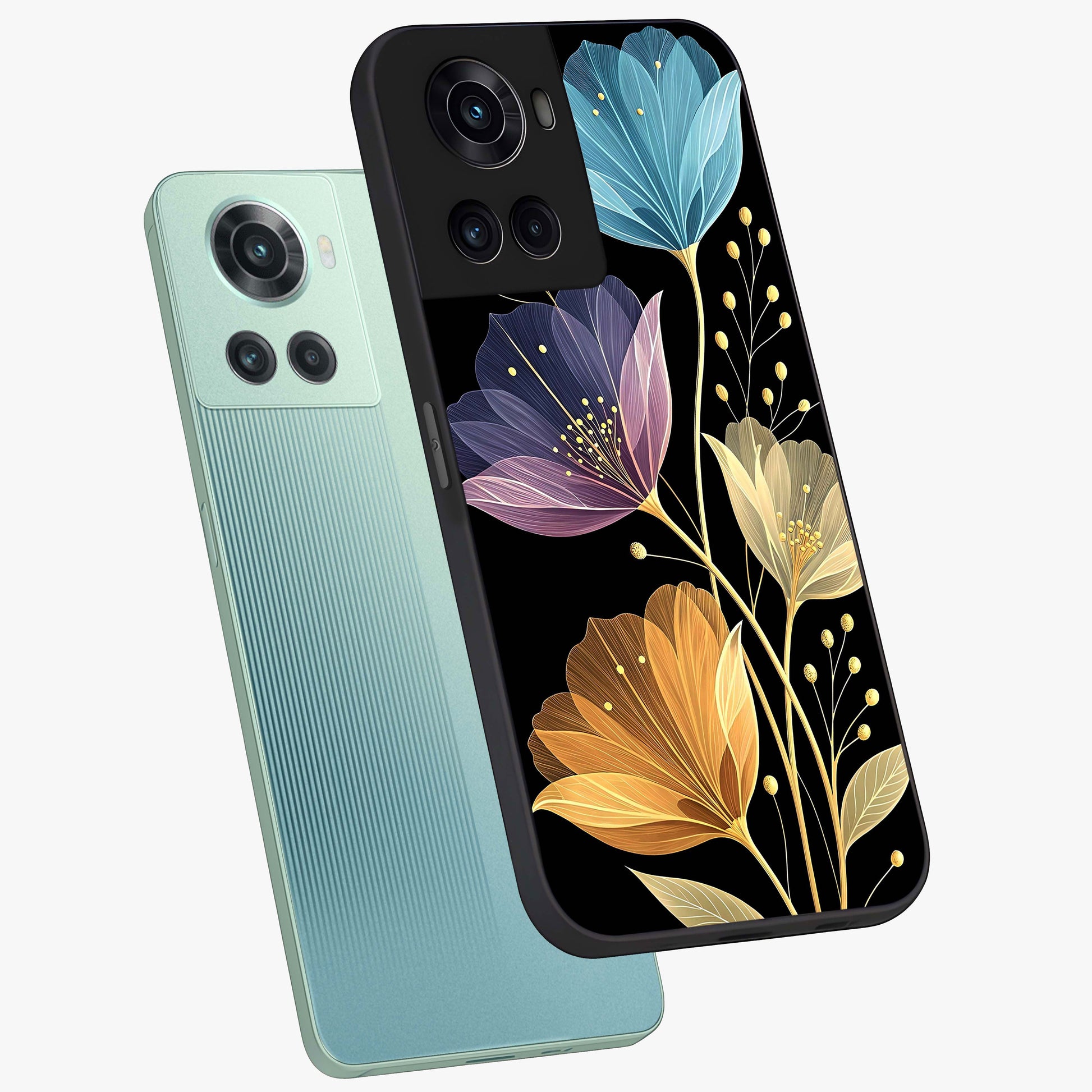 Delicate Multicolor Flowers Glass Case for 1+10R angled mockup showcasing glossy finish and pastel bloom detailing