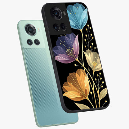 Delicate Multicolor Flowers Glass Case for 1+10R angled mockup showcasing glossy finish and pastel bloom detailing