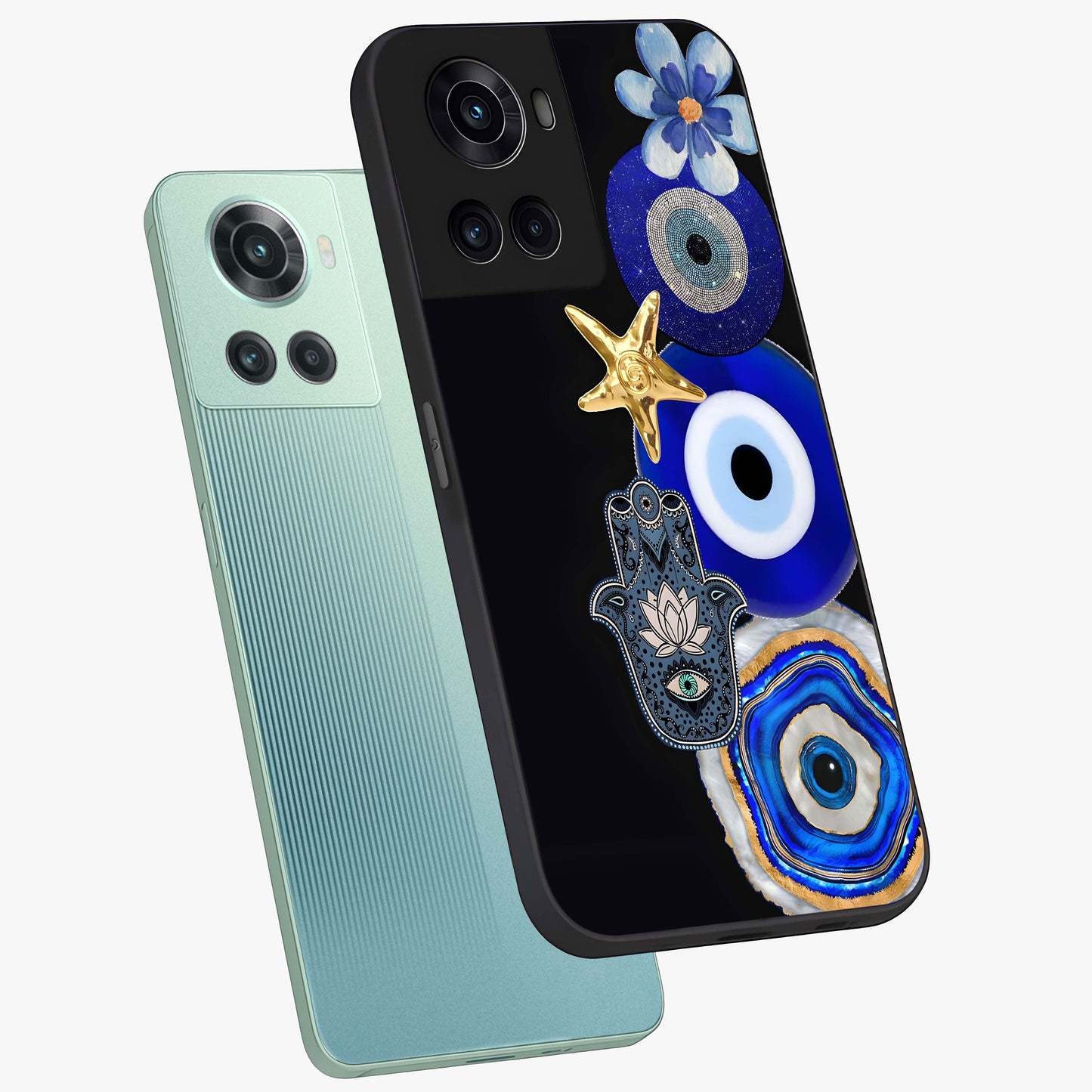 Divine Eye Bloom Glass Case for 1+10R angled mockup showcasing glossy finish and vibrant protective detailing