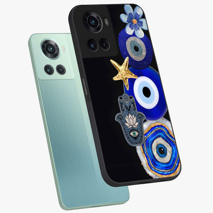 Divine Eye Bloom Glass Case for 1+10R angled mockup showcasing glossy finish and vibrant protective detailing