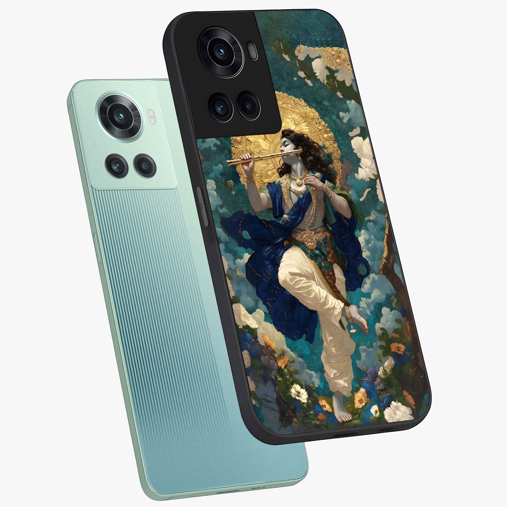 Divine Krishna Art Glass Case for 1+10R angled mockup showcasing glossy finish and vibrant spiritual tones