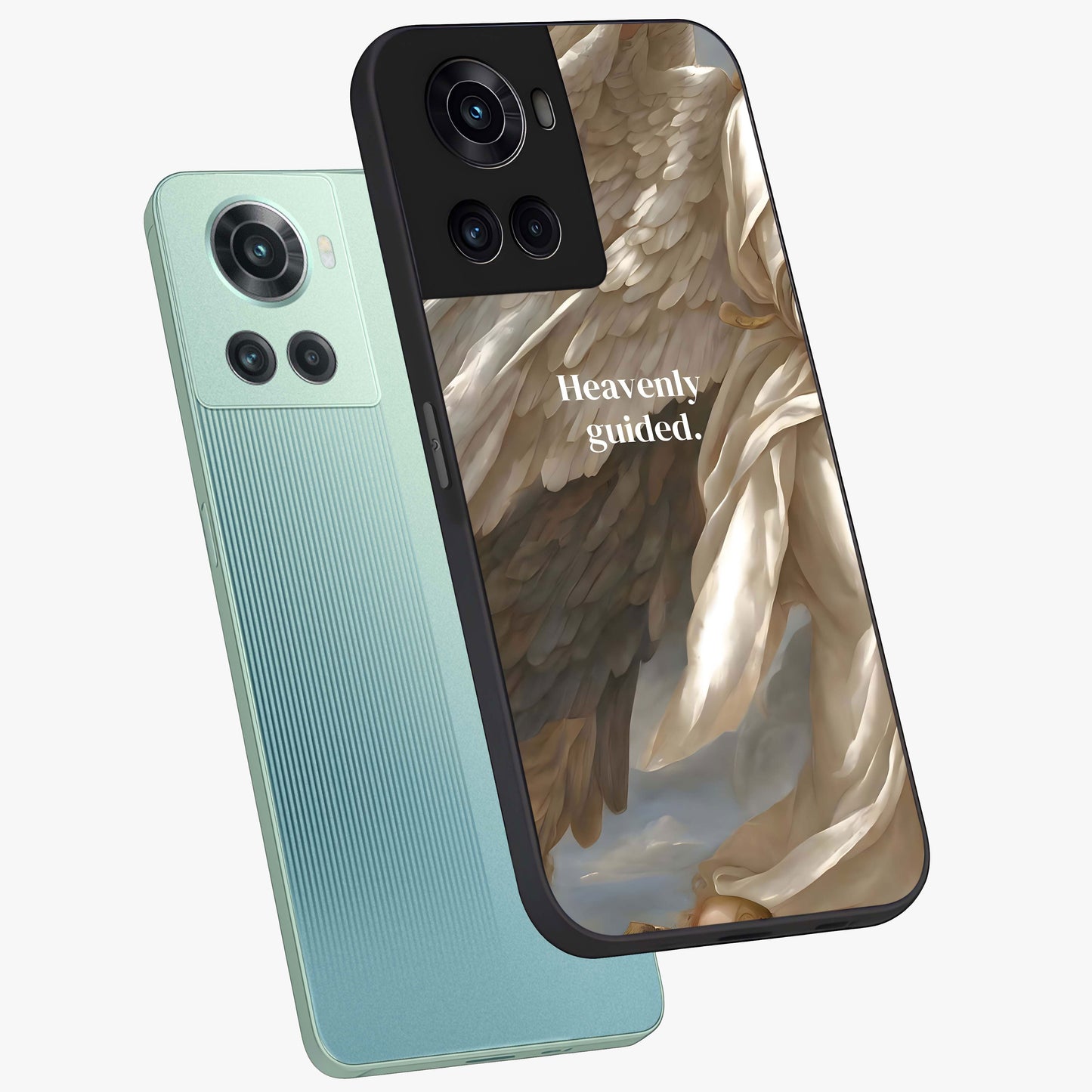 Divine Winged Grace Glass Case for 1+10R angled mockup showcasing glossy finish and elegant design tones