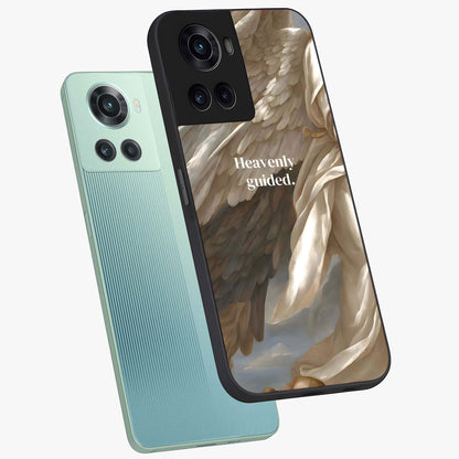 Divine Winged Grace Glass Case for 1+10R angled mockup showcasing glossy finish and elegant design tones