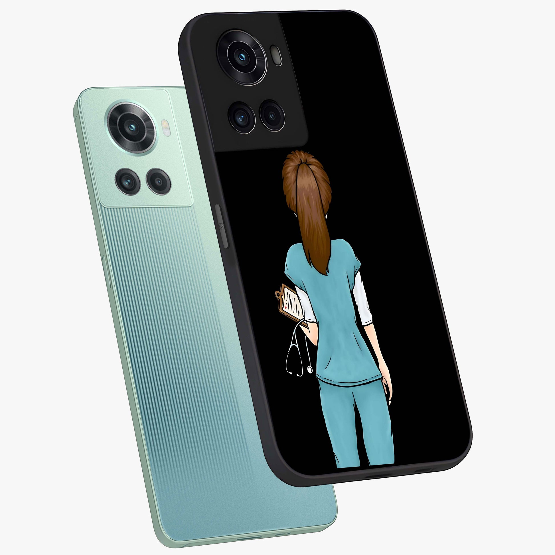Doctor Pattern Custom Name Glass Case for 1+10R angled mockup showcasing glossy finish and detailed pattern elements