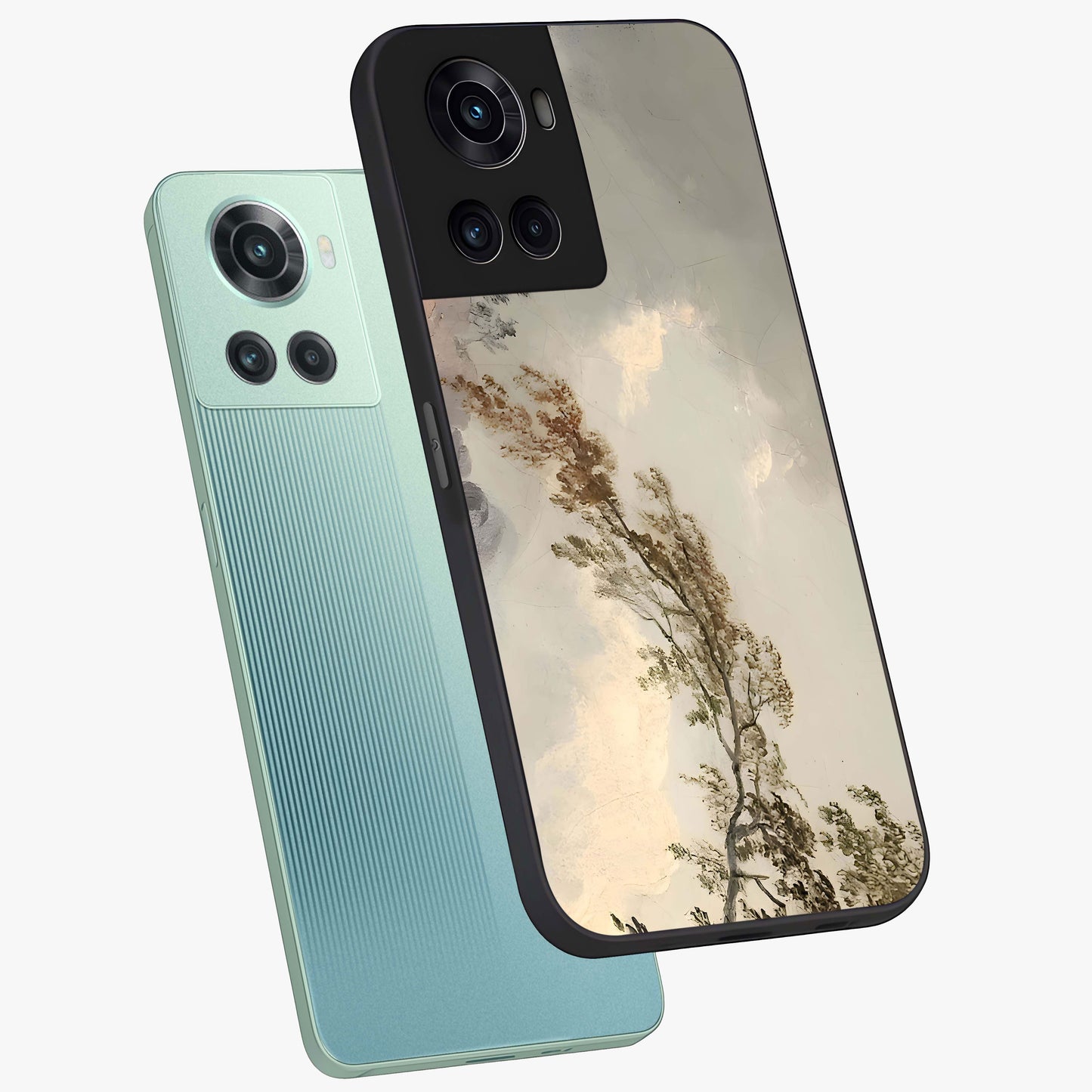 Dreamlike Wind Field Glass Case for 1+10R angled mockup showcasing glossy glass finish and dreamy landscape detailing