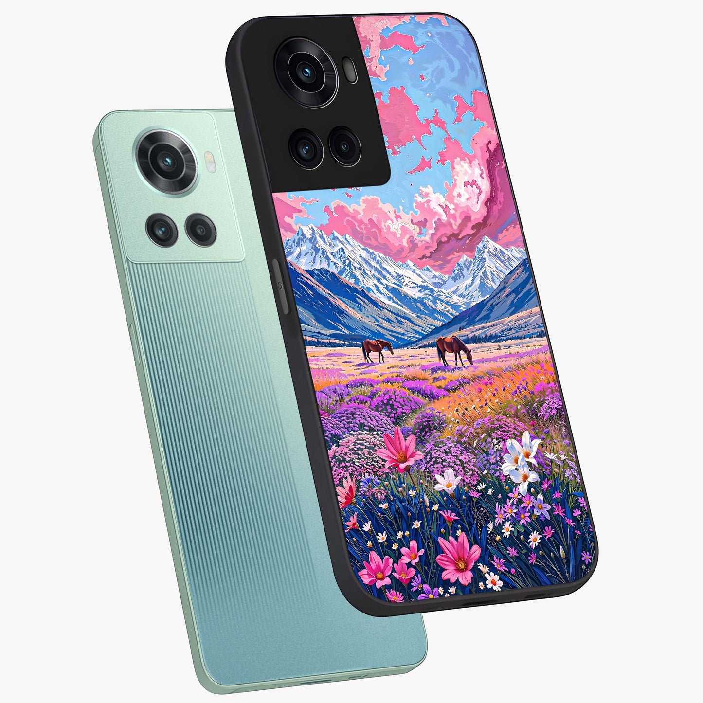 Dreamy Floral Pastures Glass Case for 1+10R angled mockup showcasing glossy finish and gentle bloom textures