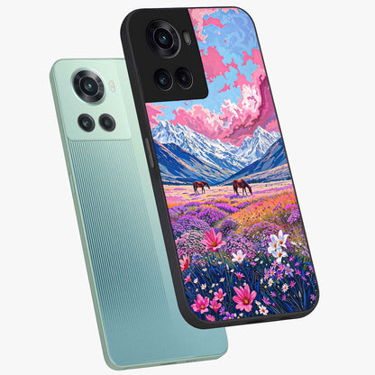 Dreamy Floral Pastures Glass Case for 1+10R angled mockup showcasing glossy finish and gentle bloom textures