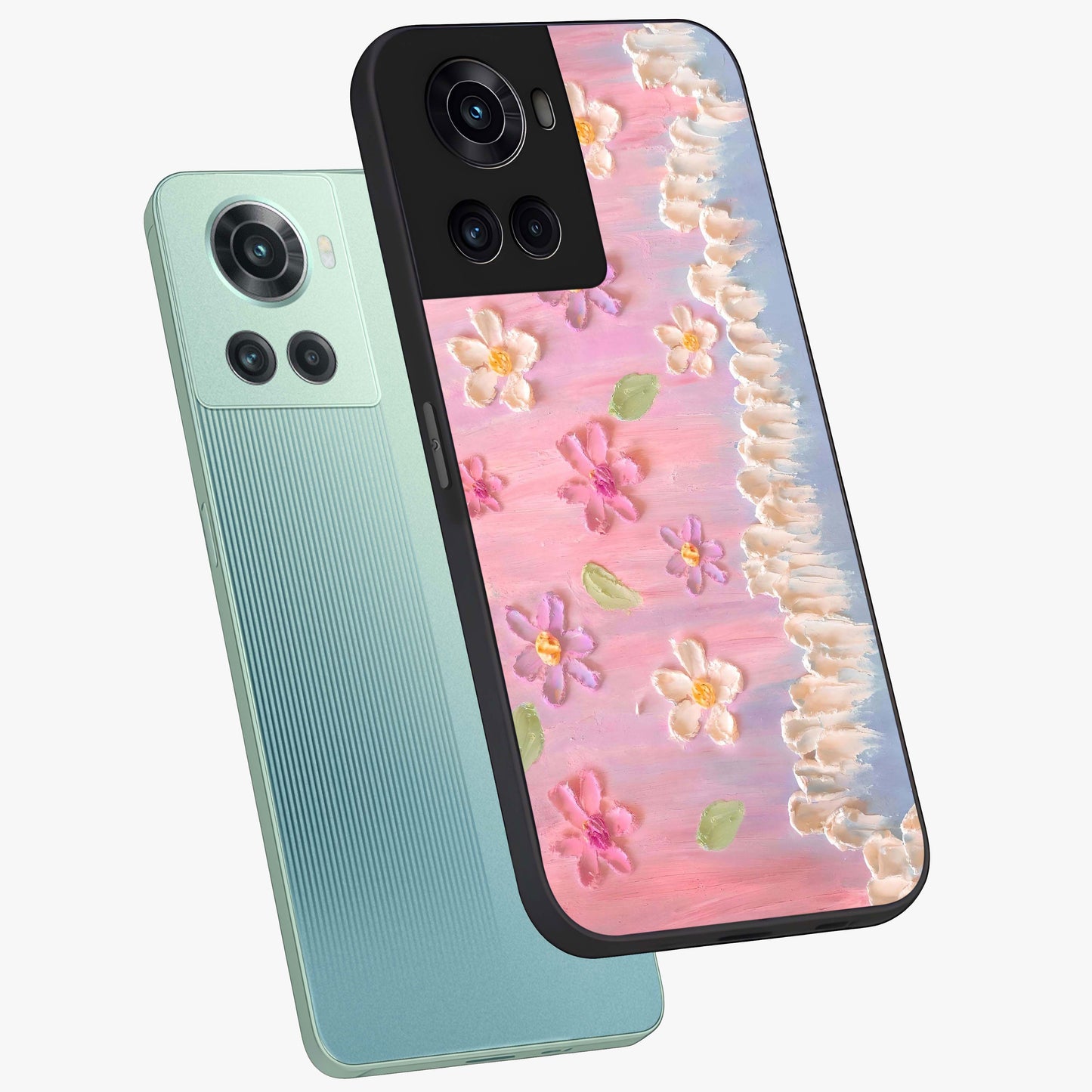 Dreamy Painted Garden Glass Case for 1+10R angled mockup showcasing glossy finish and vibrant brushstroke textures