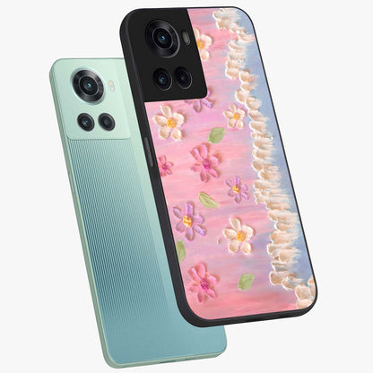 Dreamy Painted Garden Glass Case for 1+10R angled mockup showcasing glossy finish and vibrant brushstroke textures