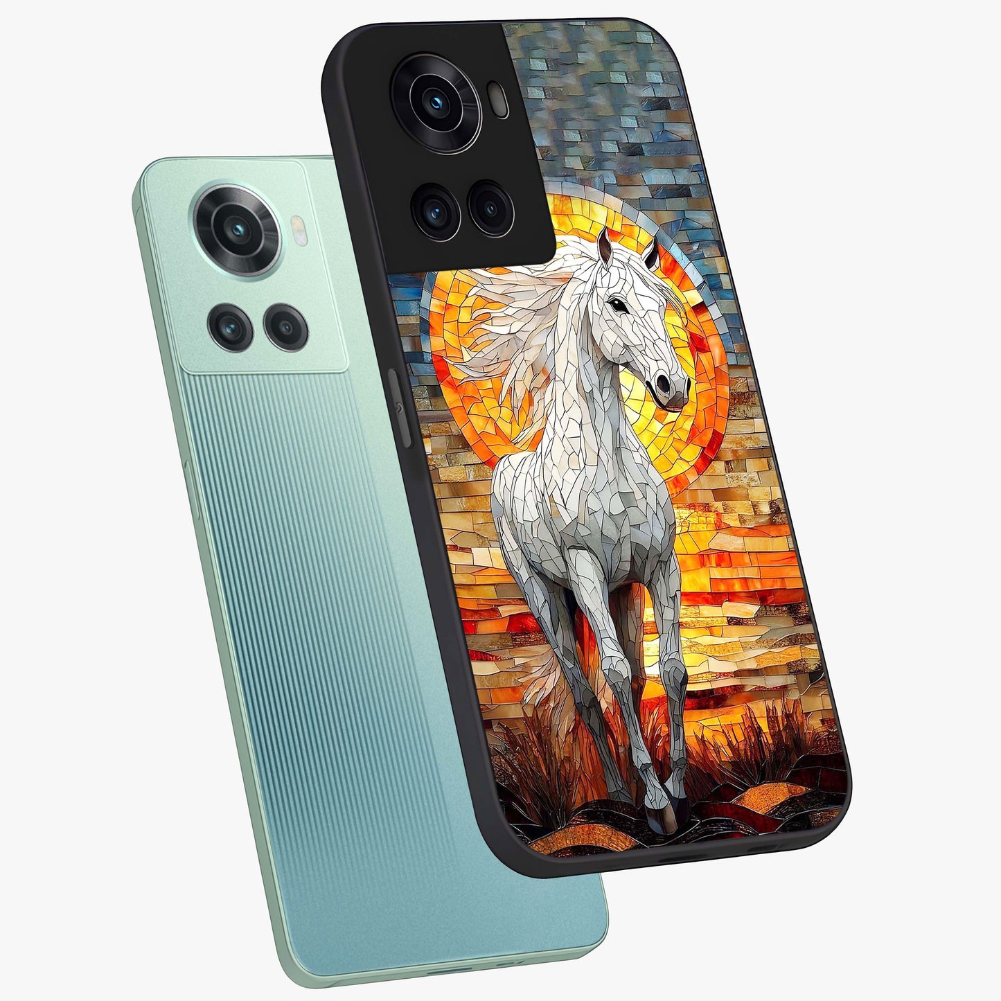 Elected Horse Glass Case for 1+10R angled mockup showcasing glossy finish and dynamic equestrian detailing