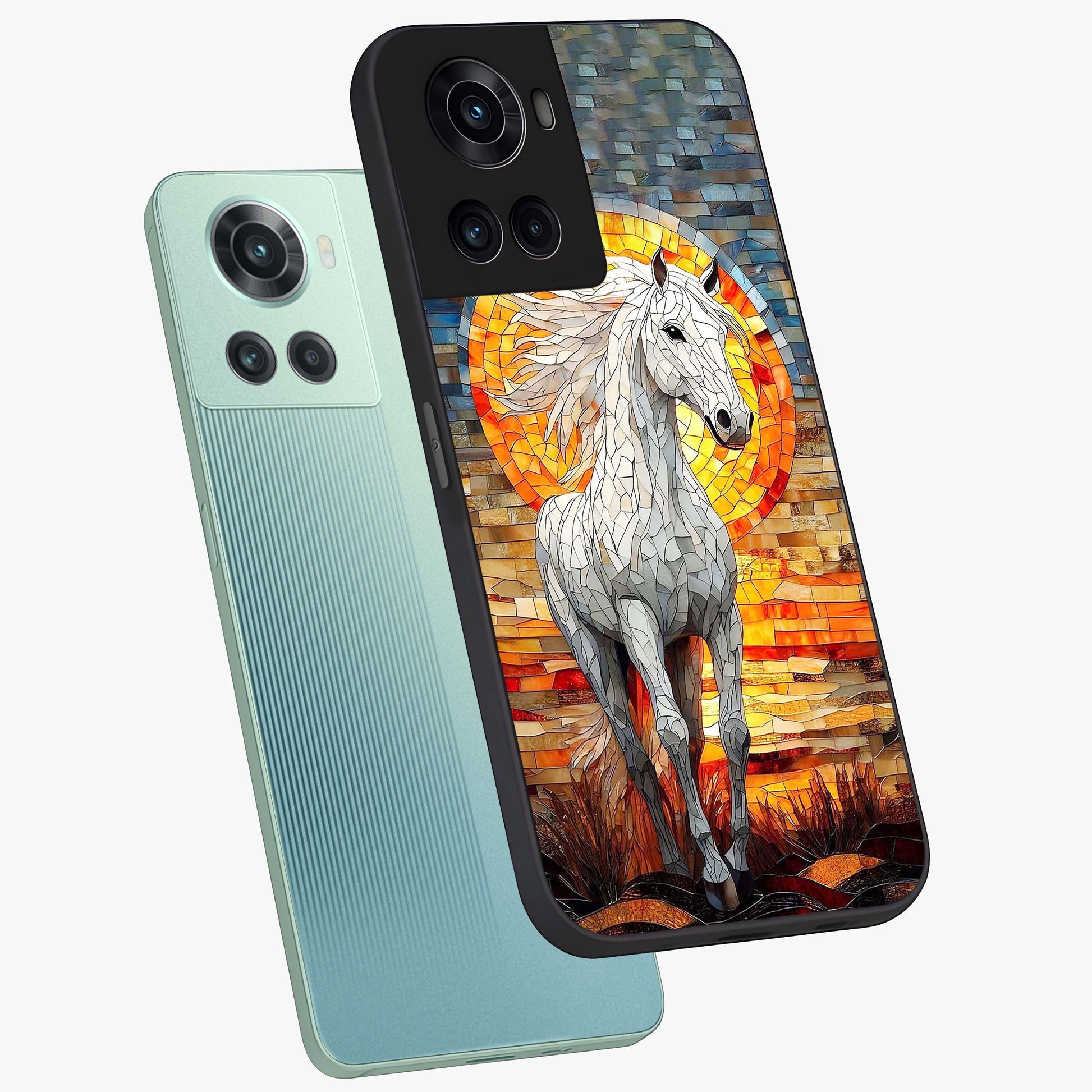 Elected Horse Glass Case for 1+10R angled mockup showcasing glossy finish and dynamic equestrian detailing