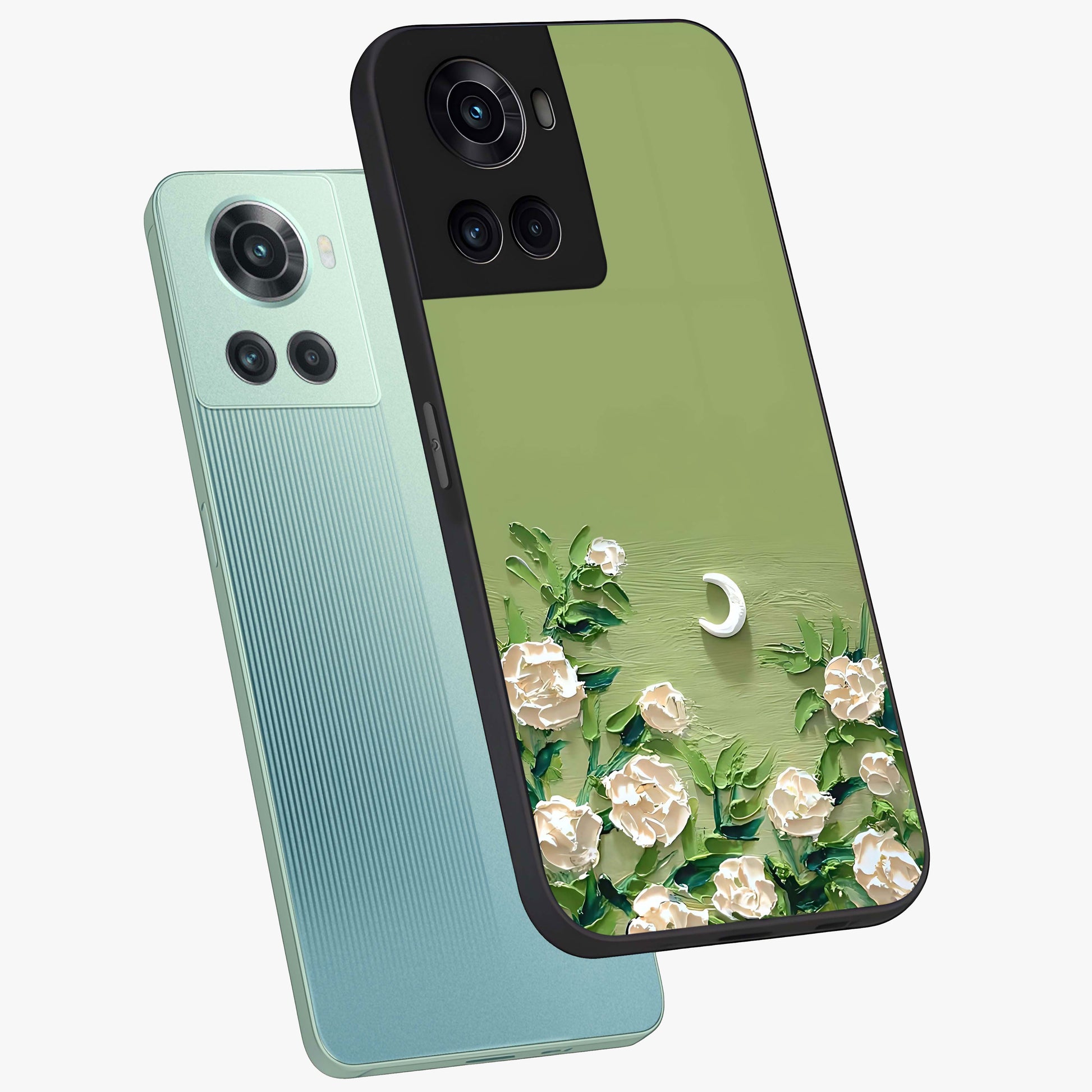 Emerald Bloom Calm Glass Case for 1+10R angled mockup showcasing glossy finish and rich green tones