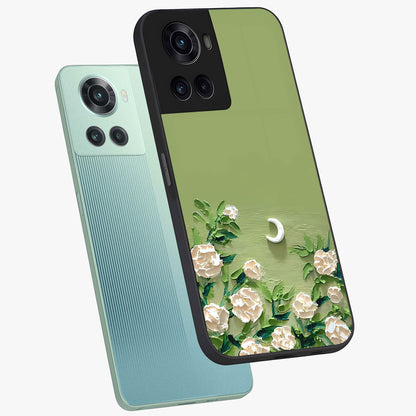 Emerald Bloom Calm Glass Case for 1+10R angled mockup showcasing glossy finish and rich green tones