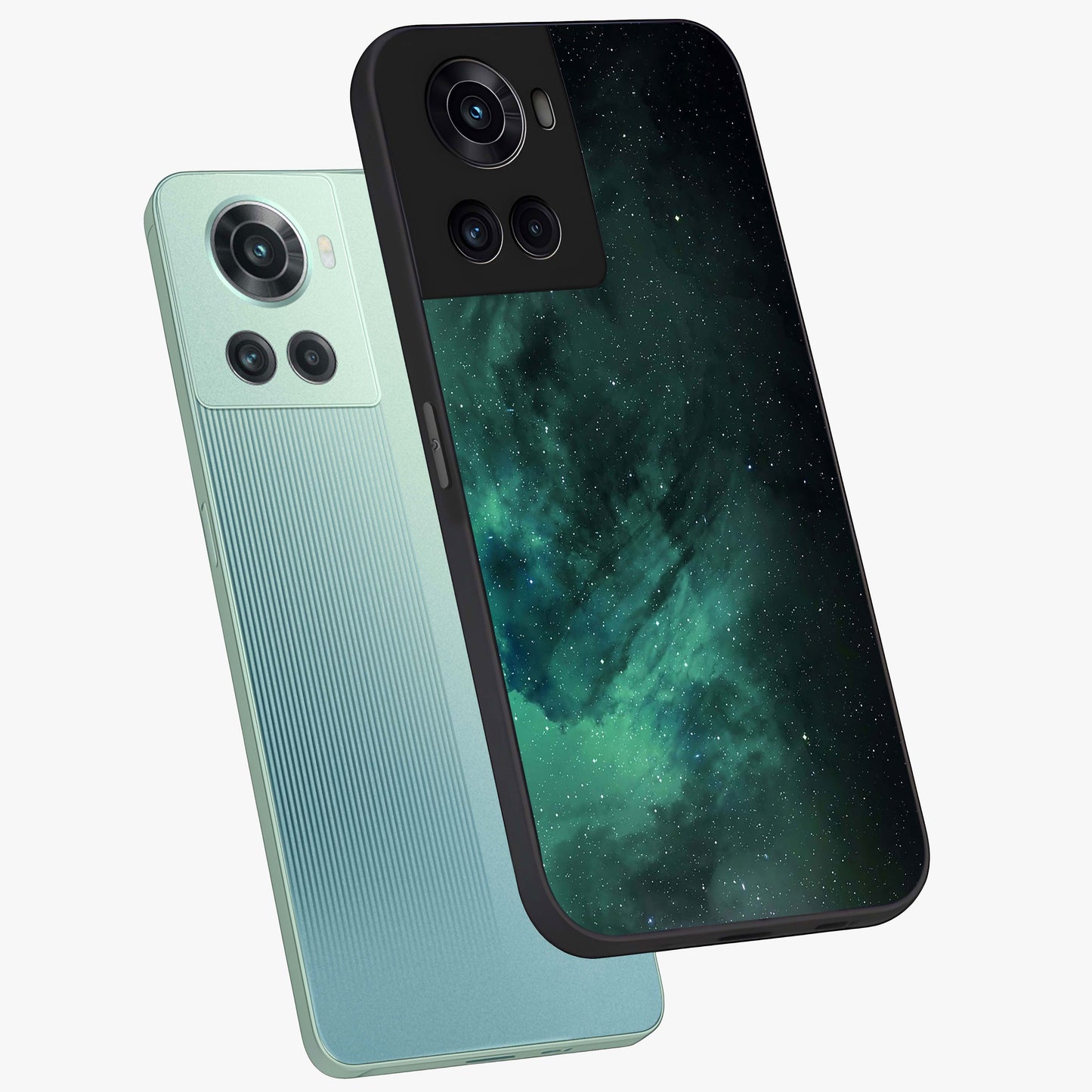 Emerald Green Space Glass Case for 1+10R angled mockup showcasing glossy finish and bold emerald gradients
