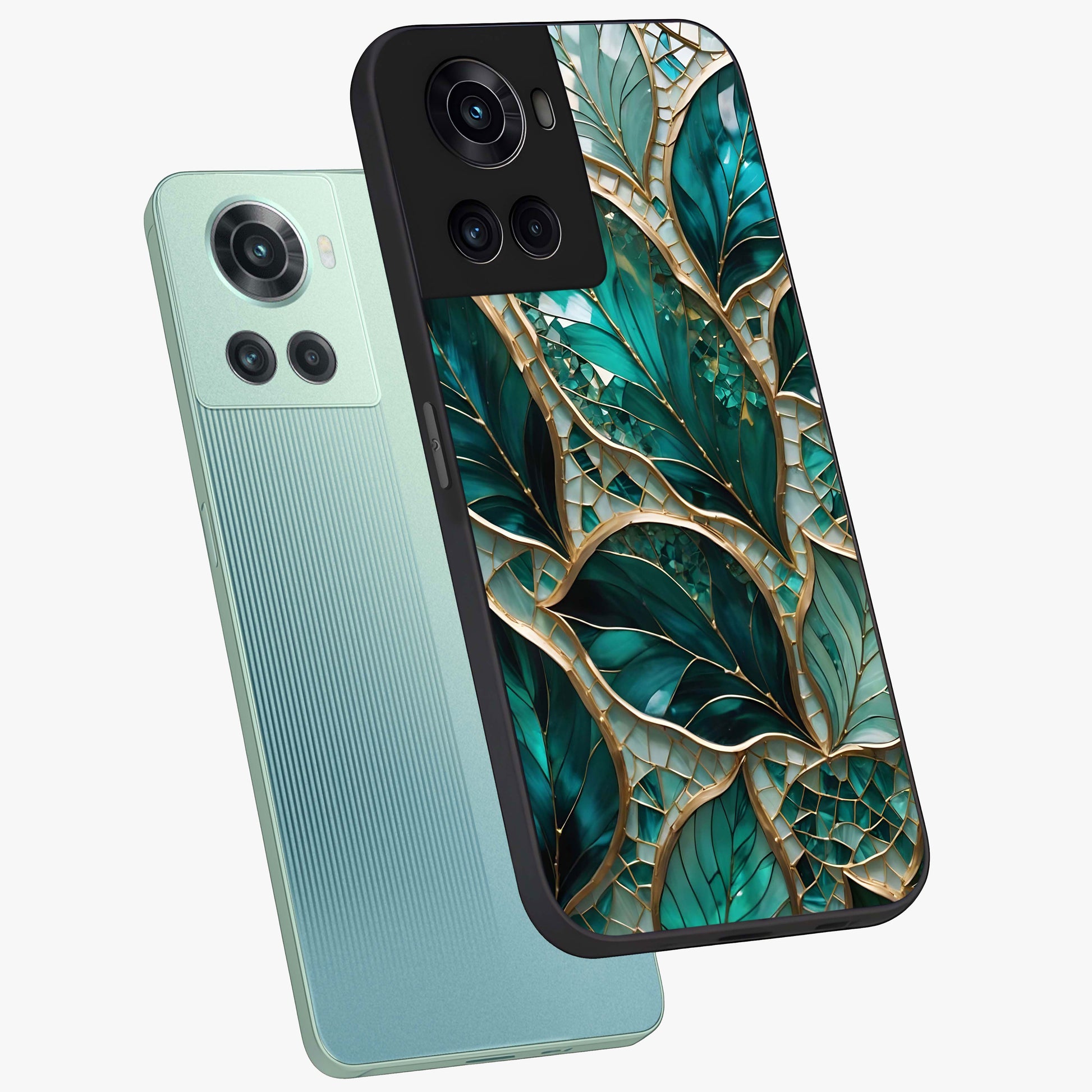 Emerald Leaf Glass Case for 1+10R angled mockup showcasing glossy finish and natural botanical tones