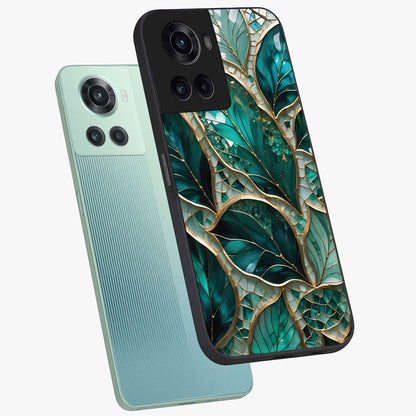 Emerald Leaf Glass Case for 1+10R angled mockup showcasing glossy finish and natural botanical tones