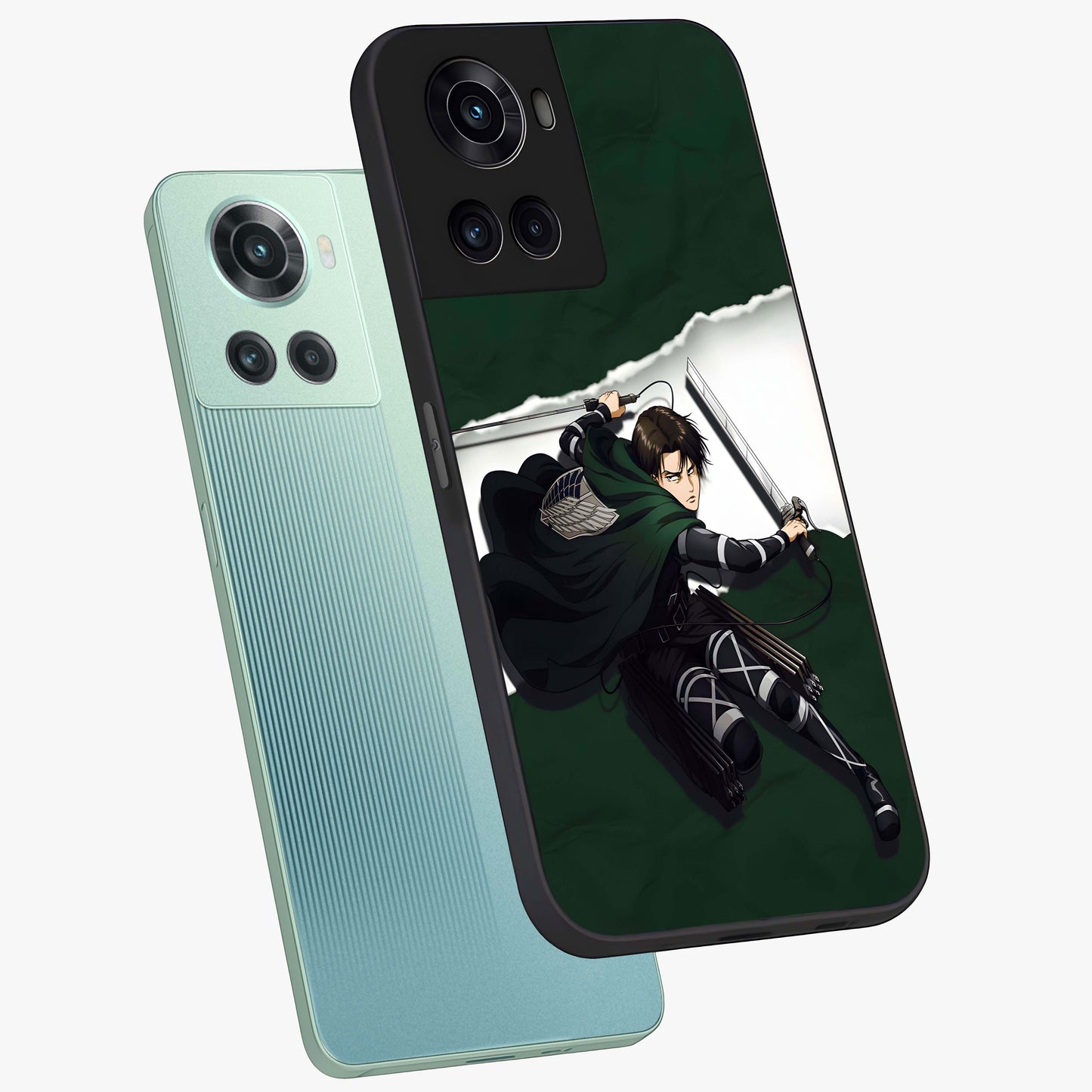 Emerald War Vanguard Glass Case for 1+10R angled mockup showcasing glossy finish and bold fantasy detailing
