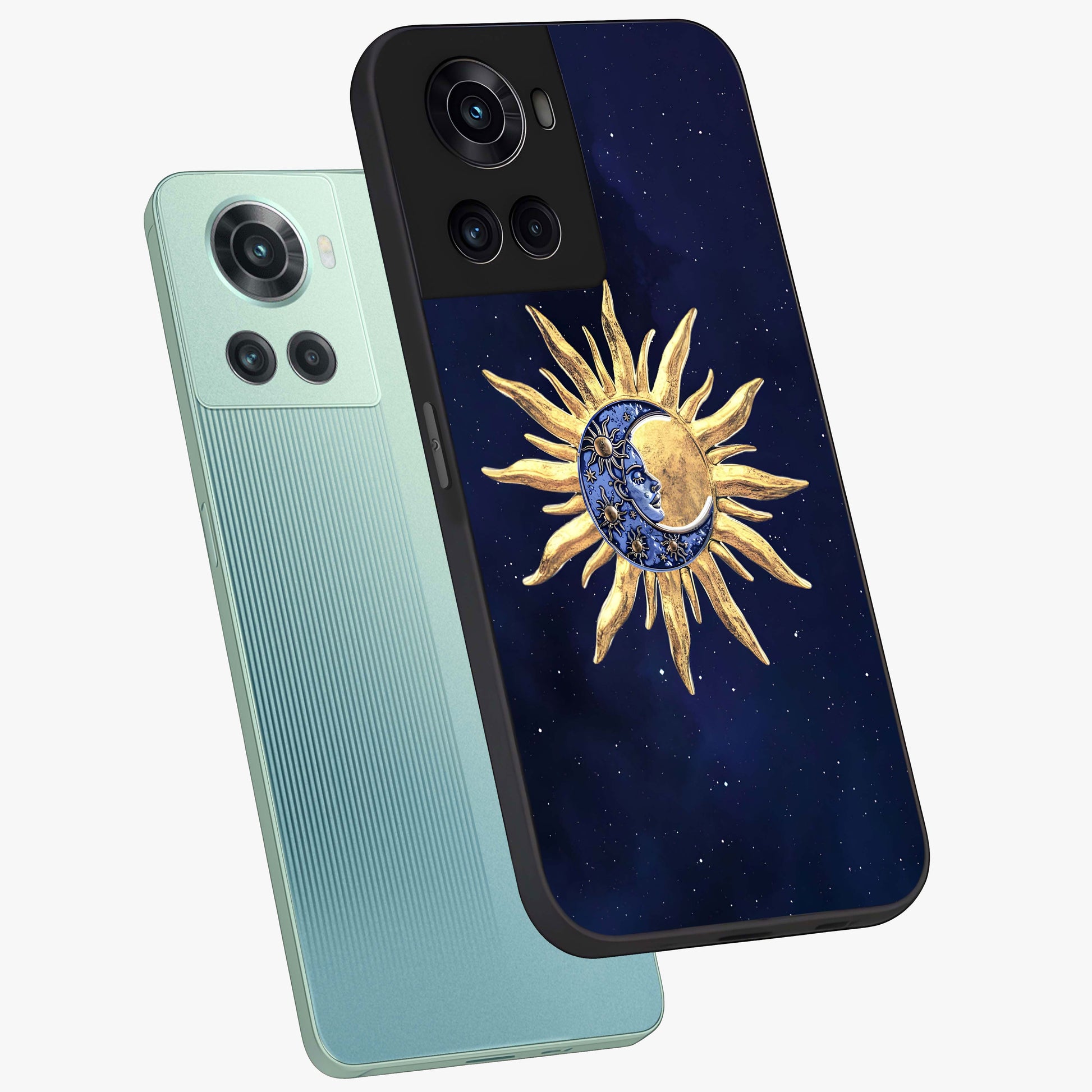 Eternal Cosmic Balance Glass Case for 1+10R angled mockup showcasing glossy finish and celestial gradient tones
