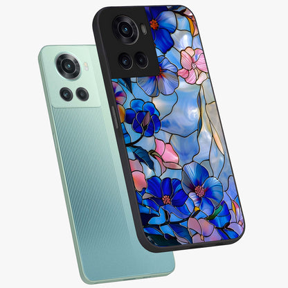 Eternal Floral Stained Glass Case for 1+10R angled mockup showcasing glossy finish and vibrant mosaic textures