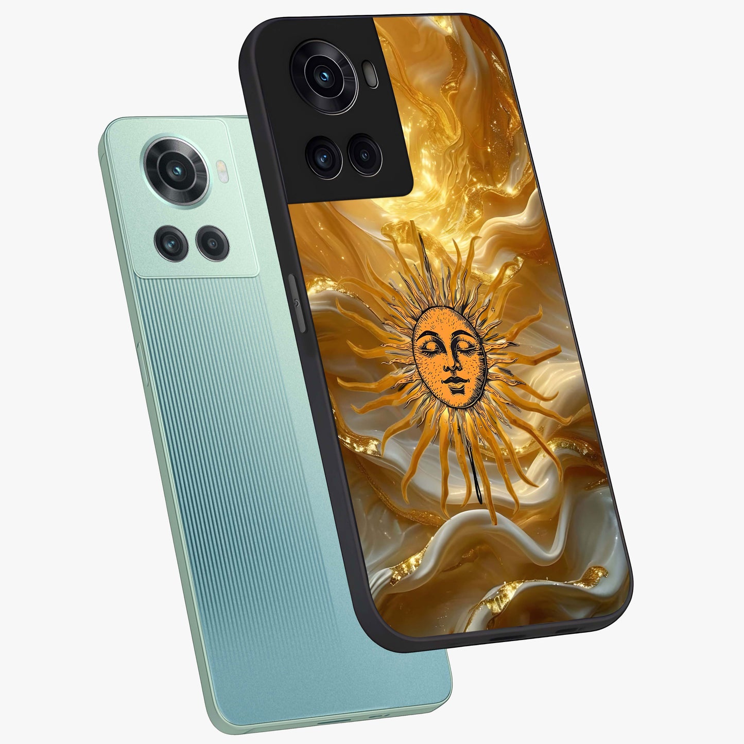 Eternal Golden Glow Glass Case for 1+10R angled mockup showcasing glossy glass finish and luminous gold tones