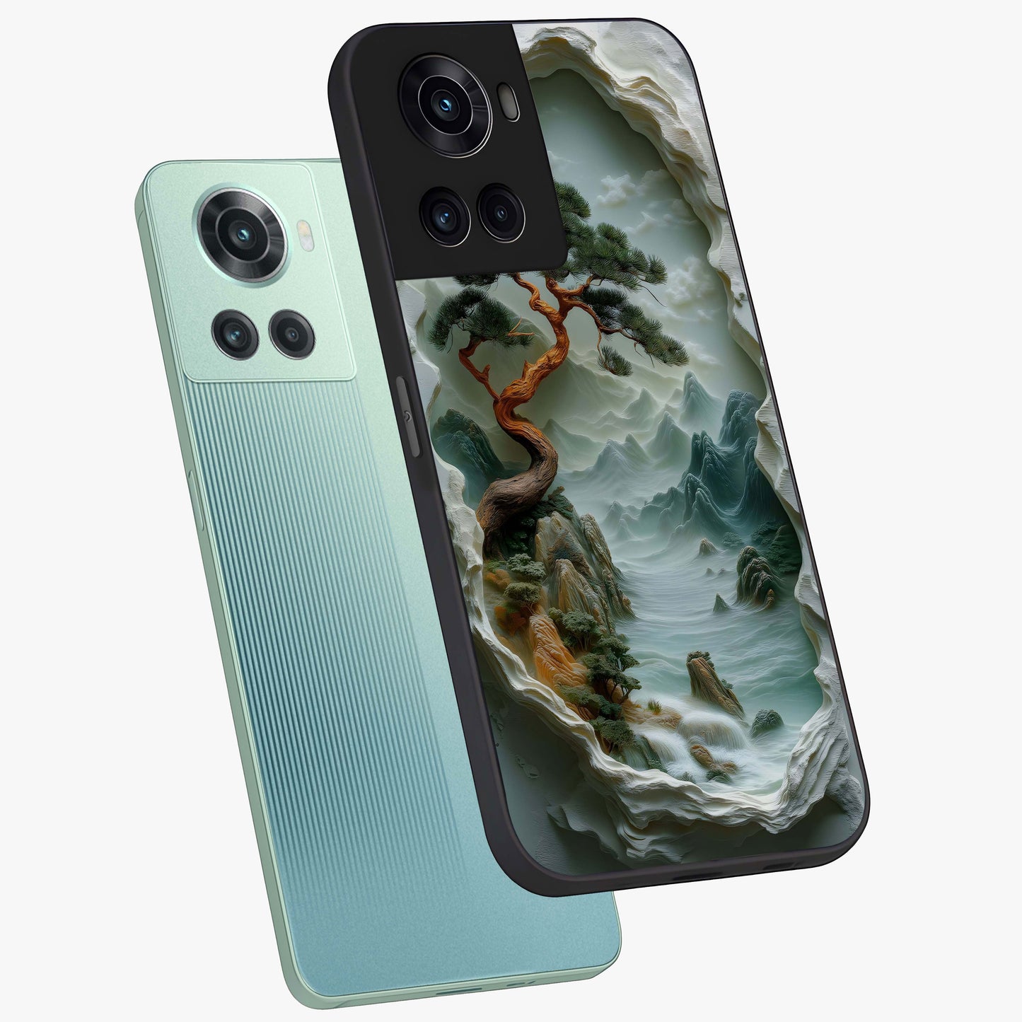 Eternal Nature Spirit Glass Case for 1+10R angled mockup showcasing glossy finish and calming botanical tones