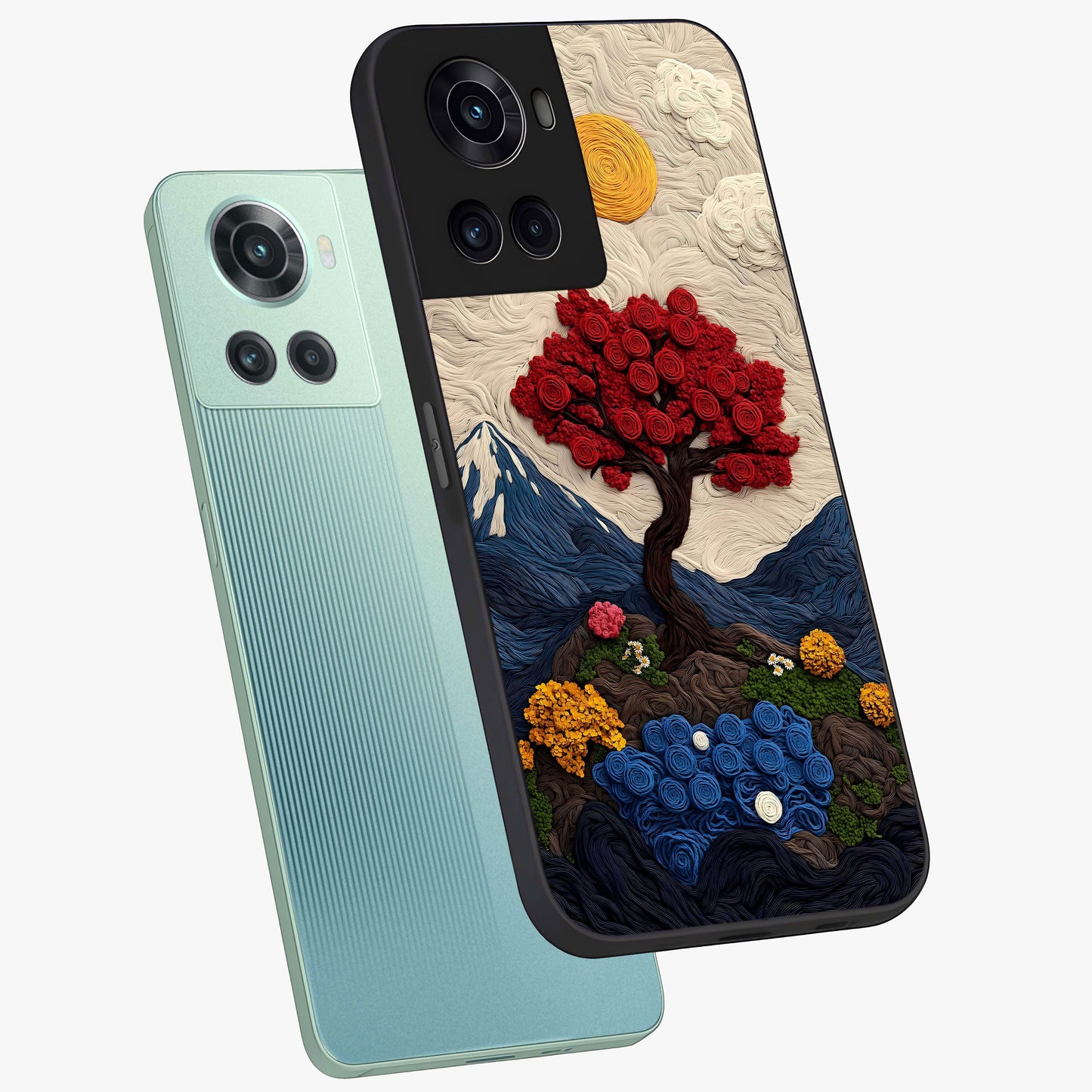 Eternal Nature Tapestry Glass Case for 1+10R angled mockup showcasing glossy finish and detailed botanical patterns