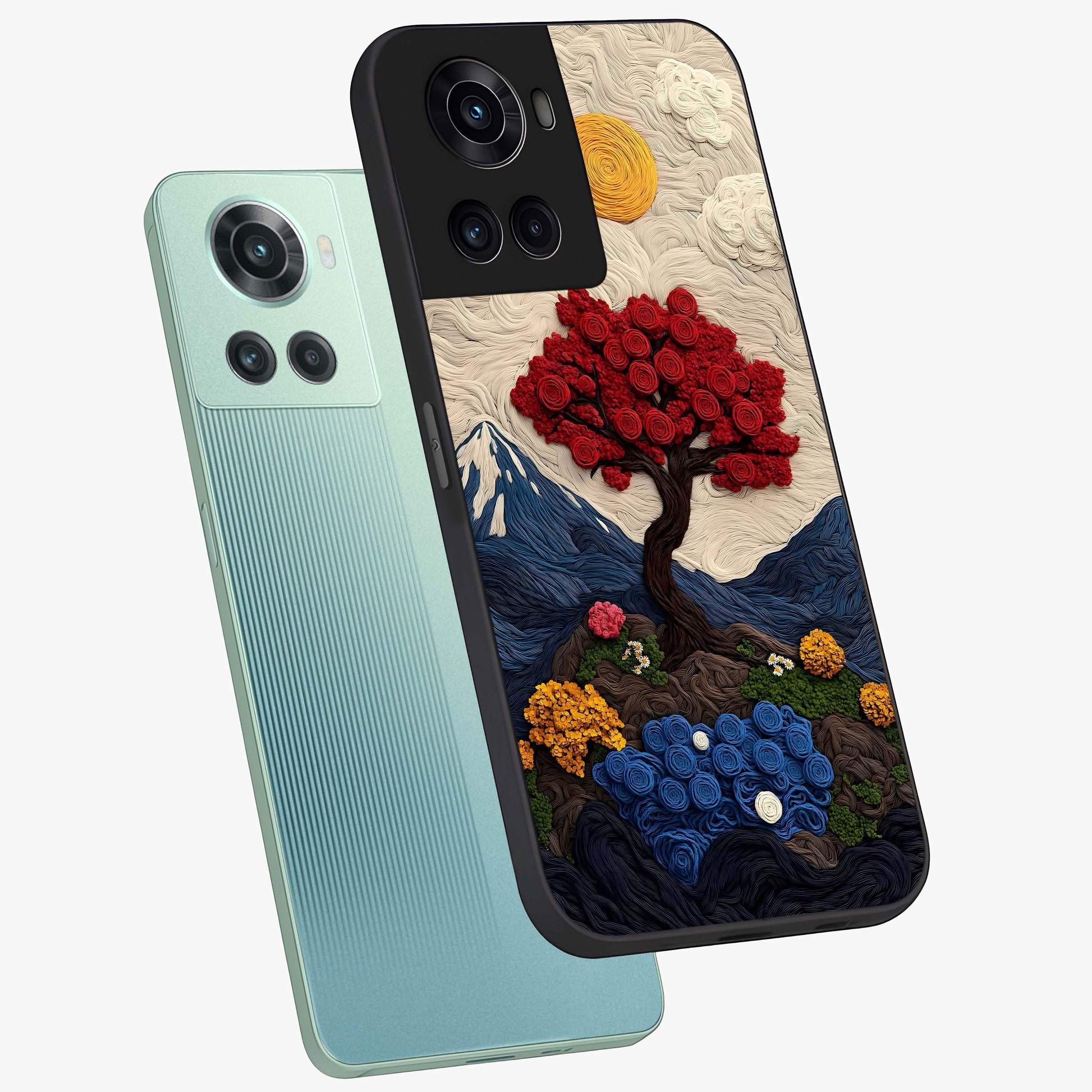 Eternal Nature Tapestry Glass Case for 1+10R angled mockup showcasing glossy finish and detailed botanical patterns