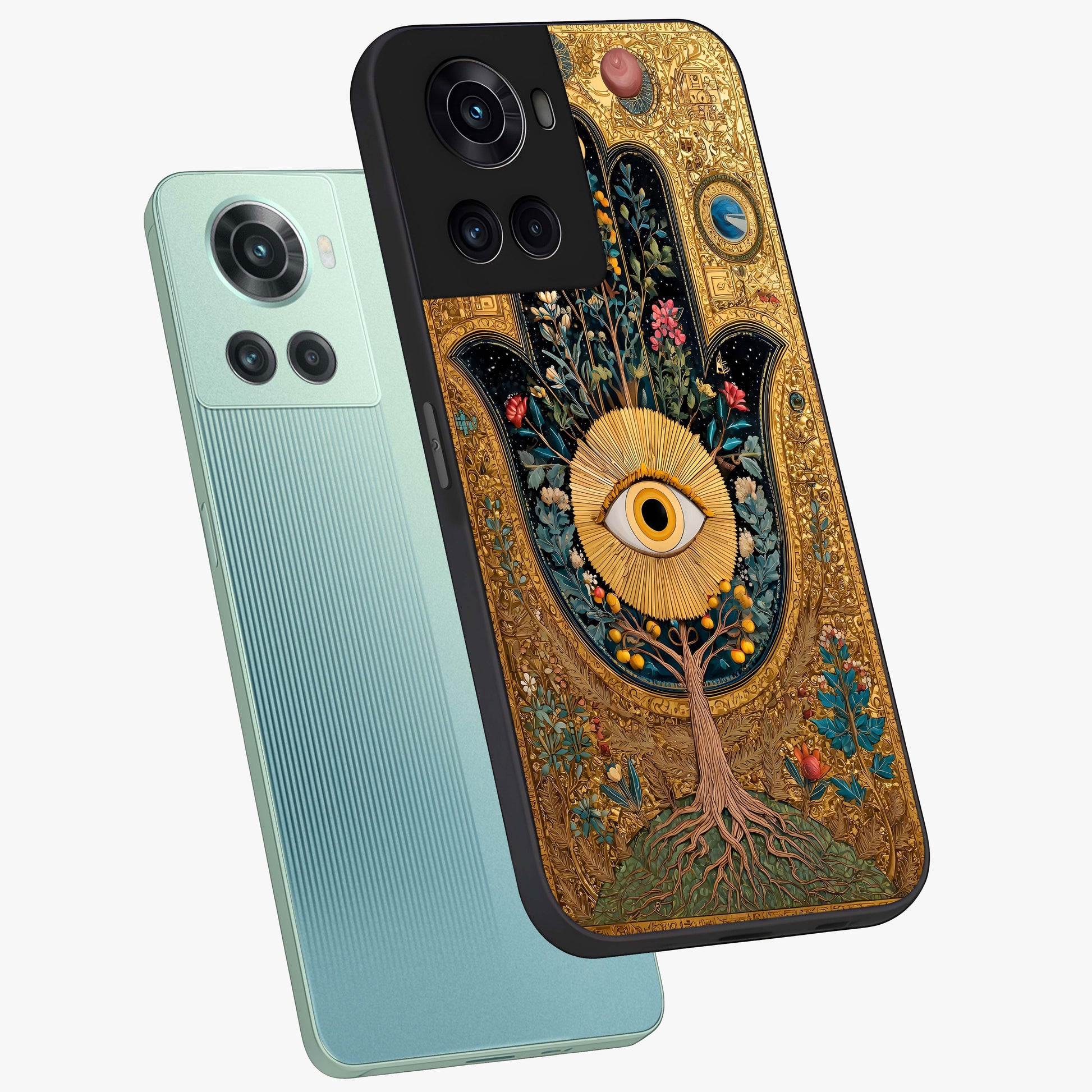 Ethereal Evil Eye Glass Case for 1+10R angled mockup showcasing glossy finish and celestial blue tones