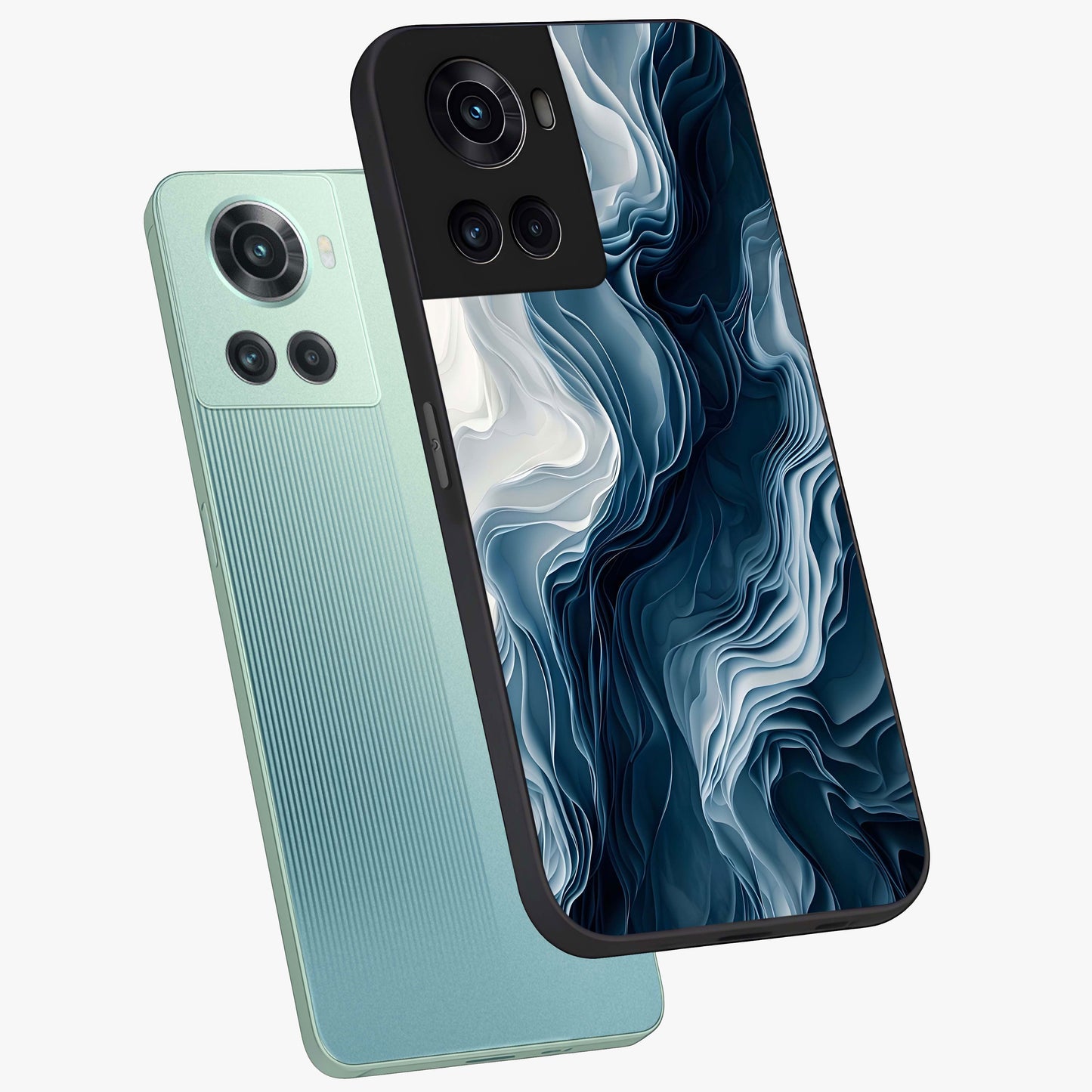 Ethereal Paper Marble Glass Case for 1+10R angled mockup showcasing glossy finish and soft blended textures