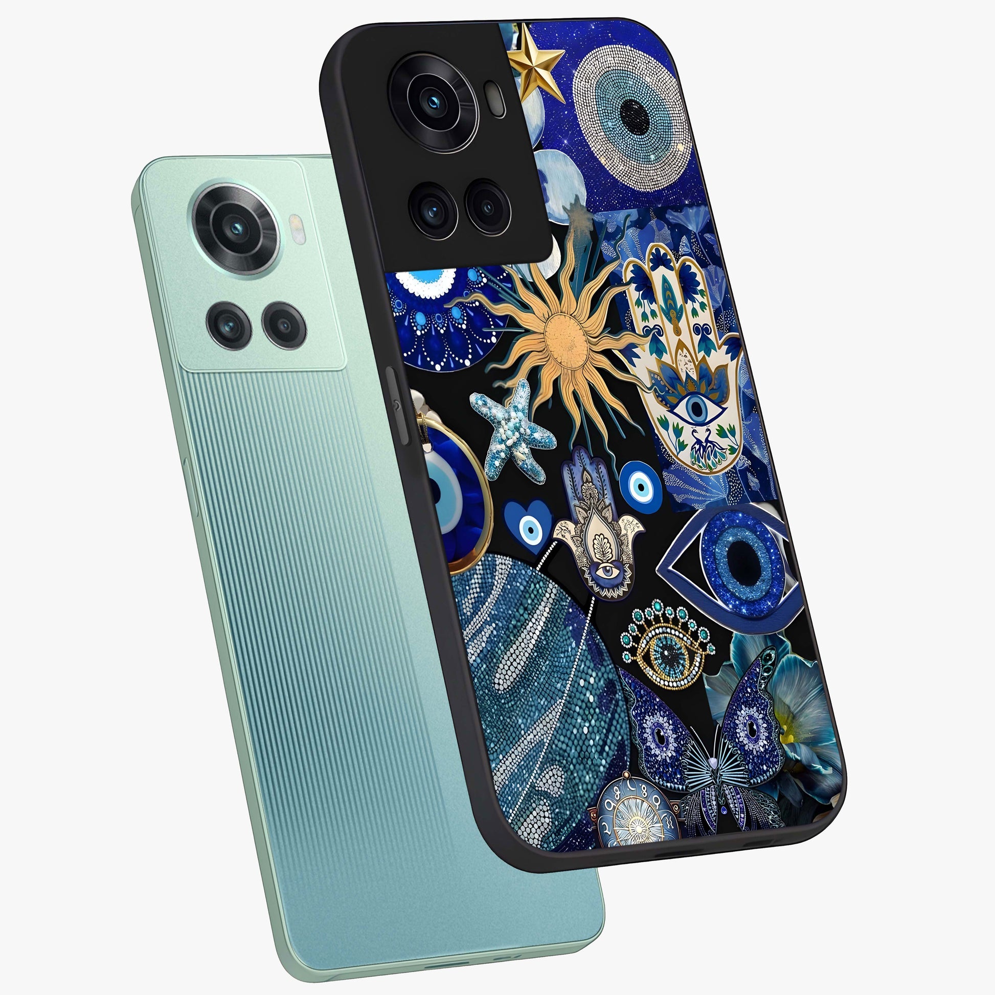 Evil Eye Charm Mix Glass Case for 1+10R angled mockup showcasing glossy finish and bold blue tones