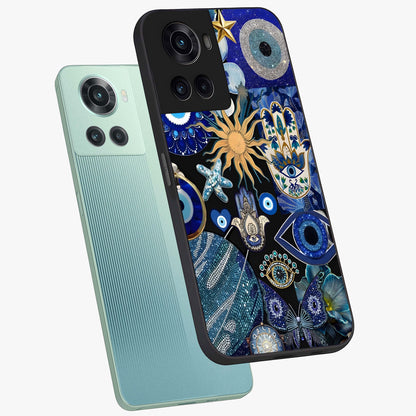 Evil Eye Charm Mix Glass Case for 1+10R angled mockup showcasing glossy finish and bold blue tones