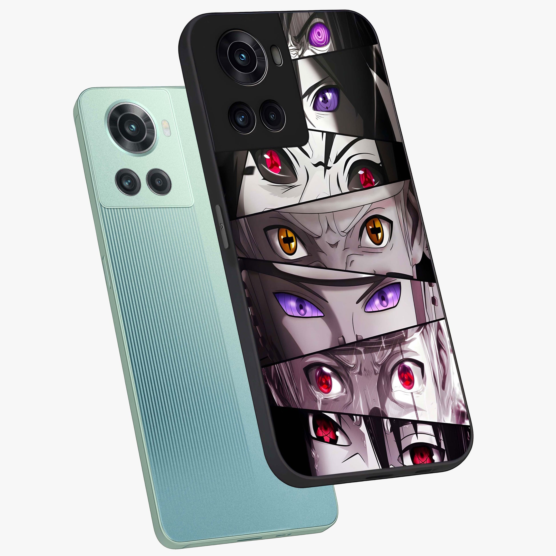 Eyes of Destiny Glass Case for 1+10R angled mockup showcasing glossy glass finish and intense detailing