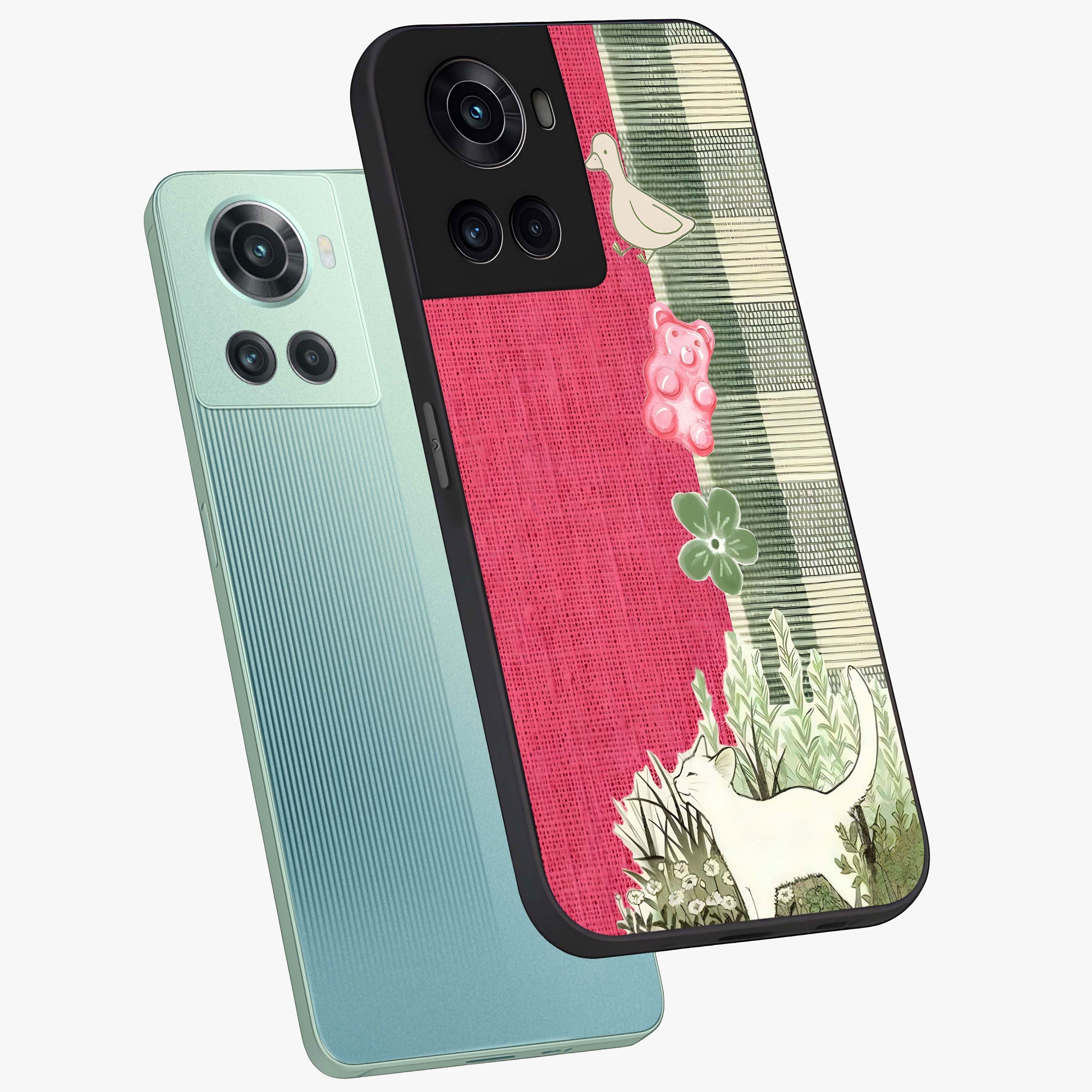 Fabric Patterns Glass Case for 1+10R angled mockup showcasing glossy finish and intricate fabric detailing
