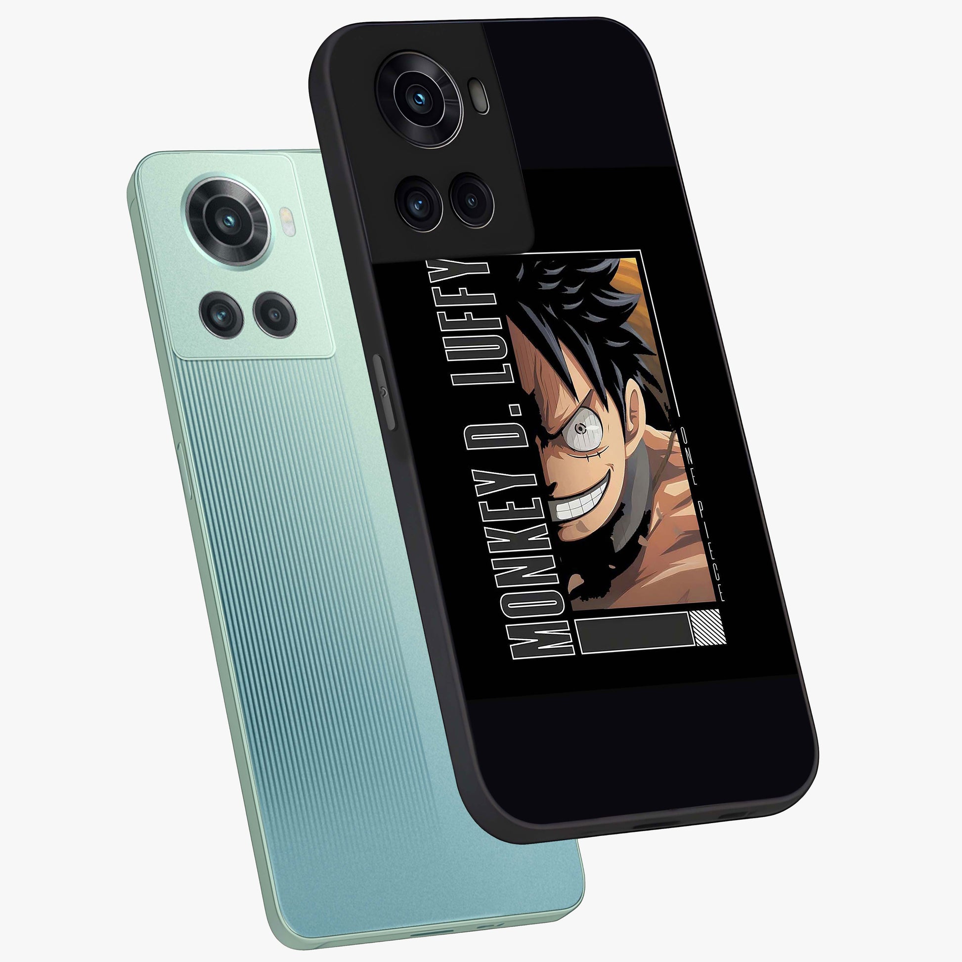 Fearless Pirate Smile Glass Case for 1+10R angled mockup showcasing glossy finish and dark adventurous tones